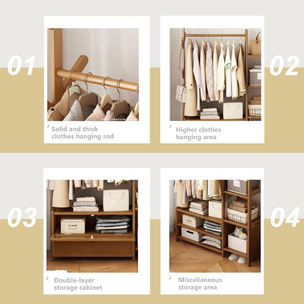 引き出し付きモダンな木製オープンワードローブ - 寝室用の自立式竹製洋服ラック、省スペースの小型オーガナイザー 衣類収納ソリューショ
