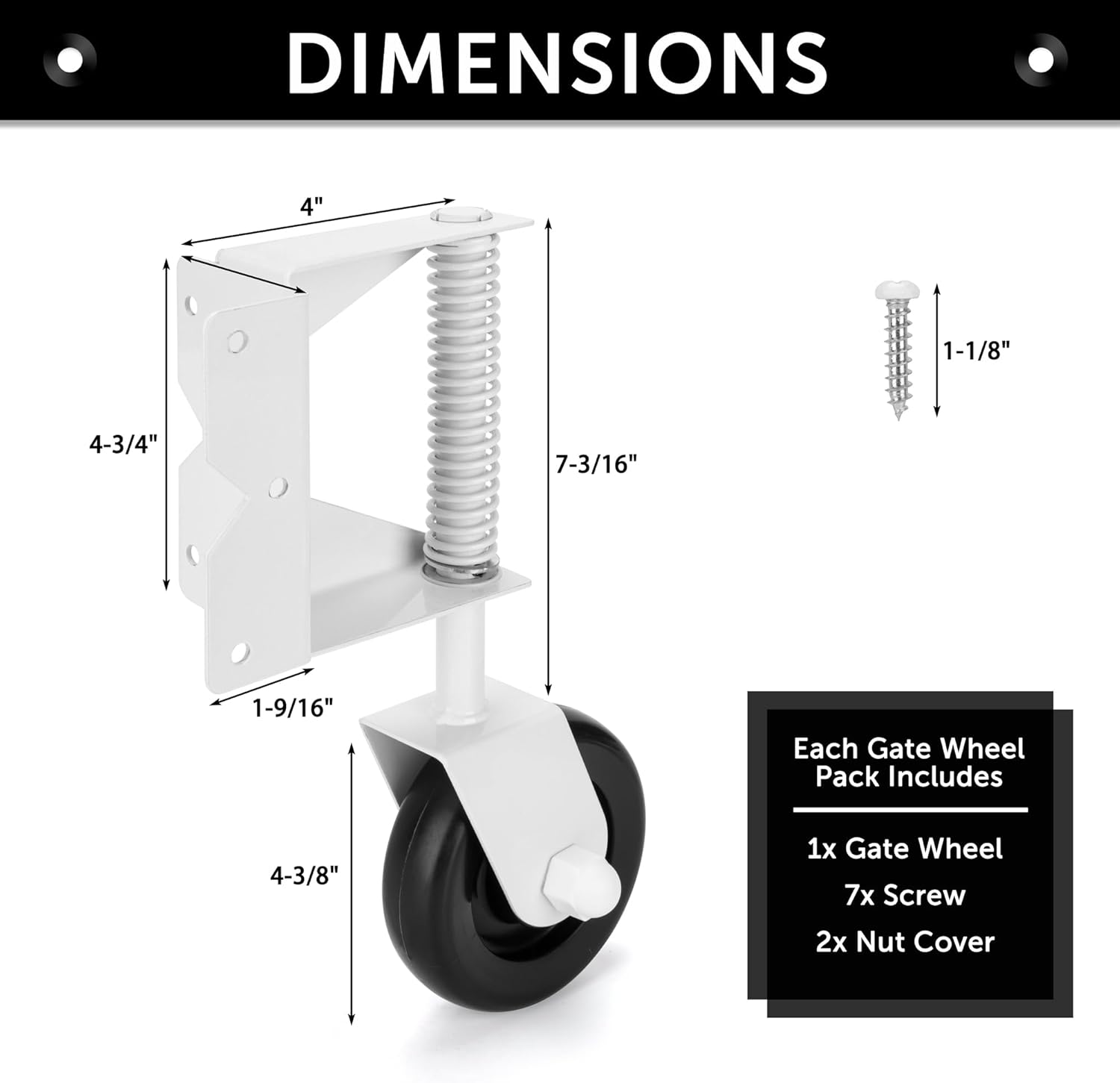 4.3" Heavy Duty Caster Wheel with Spring Loaded for Wooden Gate Fences, 360 Swivel, Right-Angle Mount Plate for Metal Gate, Yard Fence, 220 Lbs Capacity, L&R, White