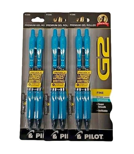 Pilot G2 Turquoise Pens with Turquoise Ink, Retractable Gel Ink Rolling Ball, 0.7 mm, Fine Point, 3 Pair, 6 Total