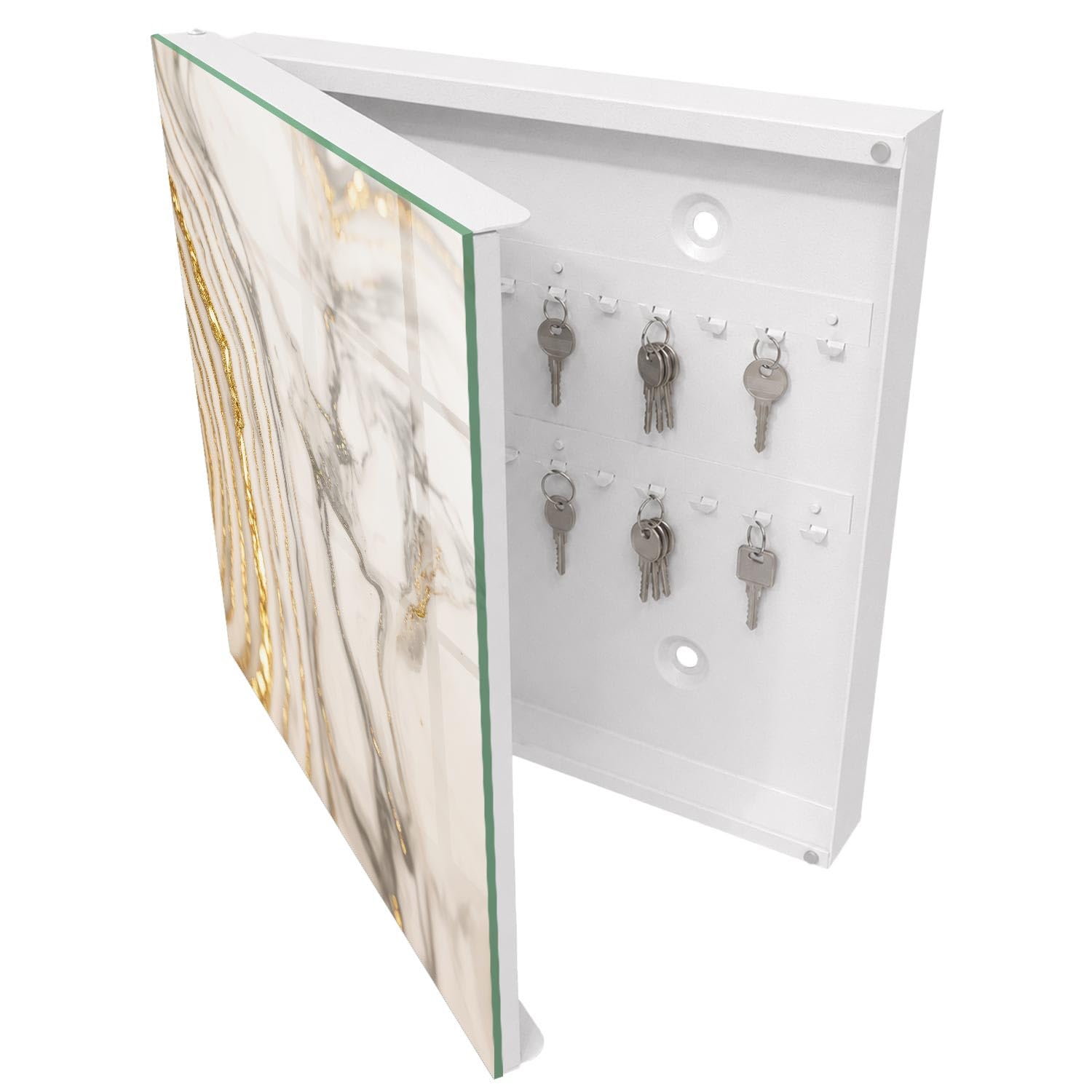 Armadietto Portachiavi 30x30 cm | Bianco | A Sinistra | Montaggio a Parete | Vene di marmo | per Uffici | Tasselli e Viti Inclusi | in Metallo | Frontale Decorativo in Vetro Temperato