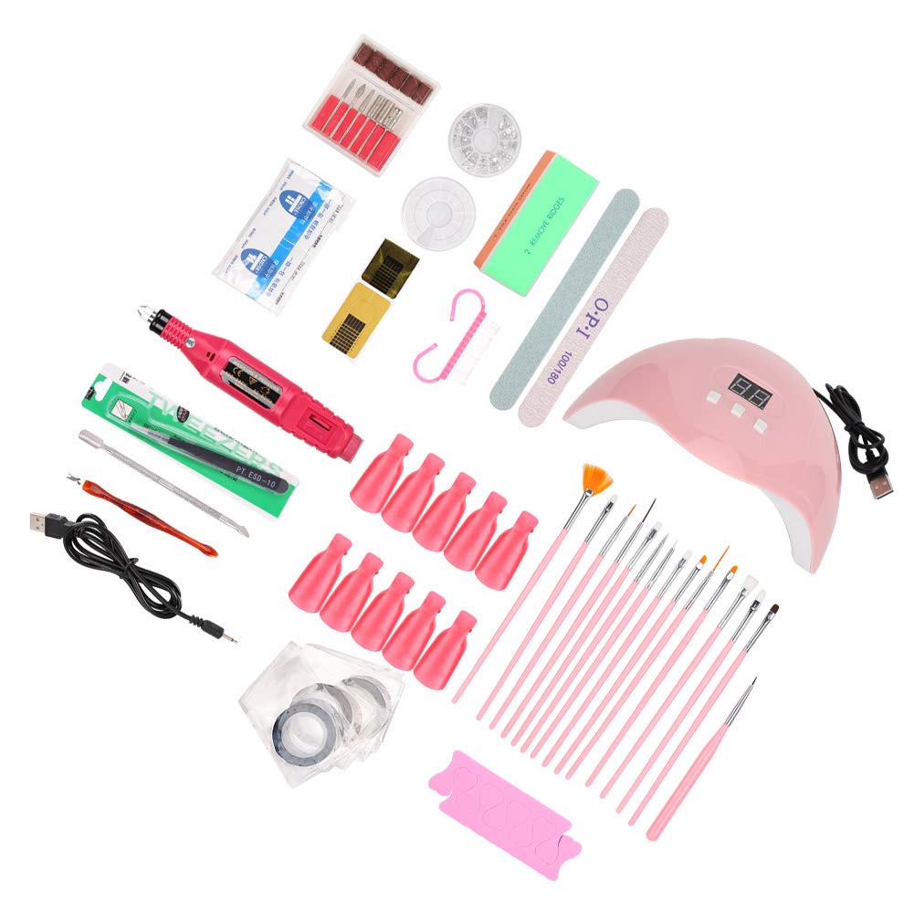 Kit De Uñas Arte Herramientas, Kit De Uñas para Manicura con Lámpara UV 54W Bloque De Pulido Uñas De Estrás Juego De Limas De Uñas Pinceles para Uñas