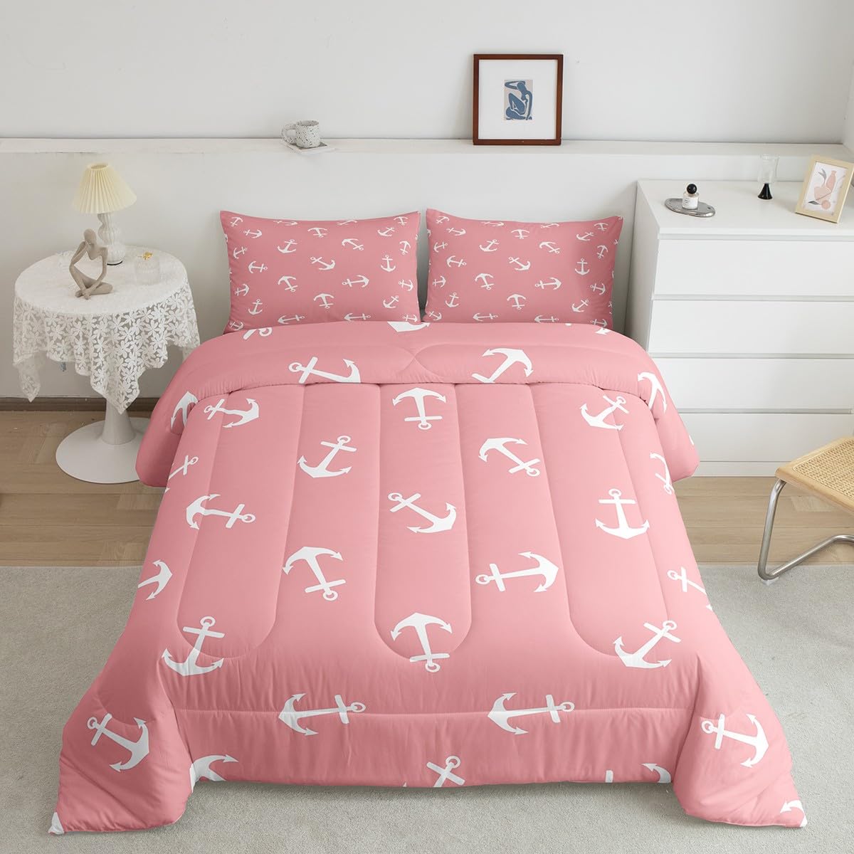 Parure de lit ancre blanche rose Manfei avec couette et 2 taies d'oreiller pour chambre fille