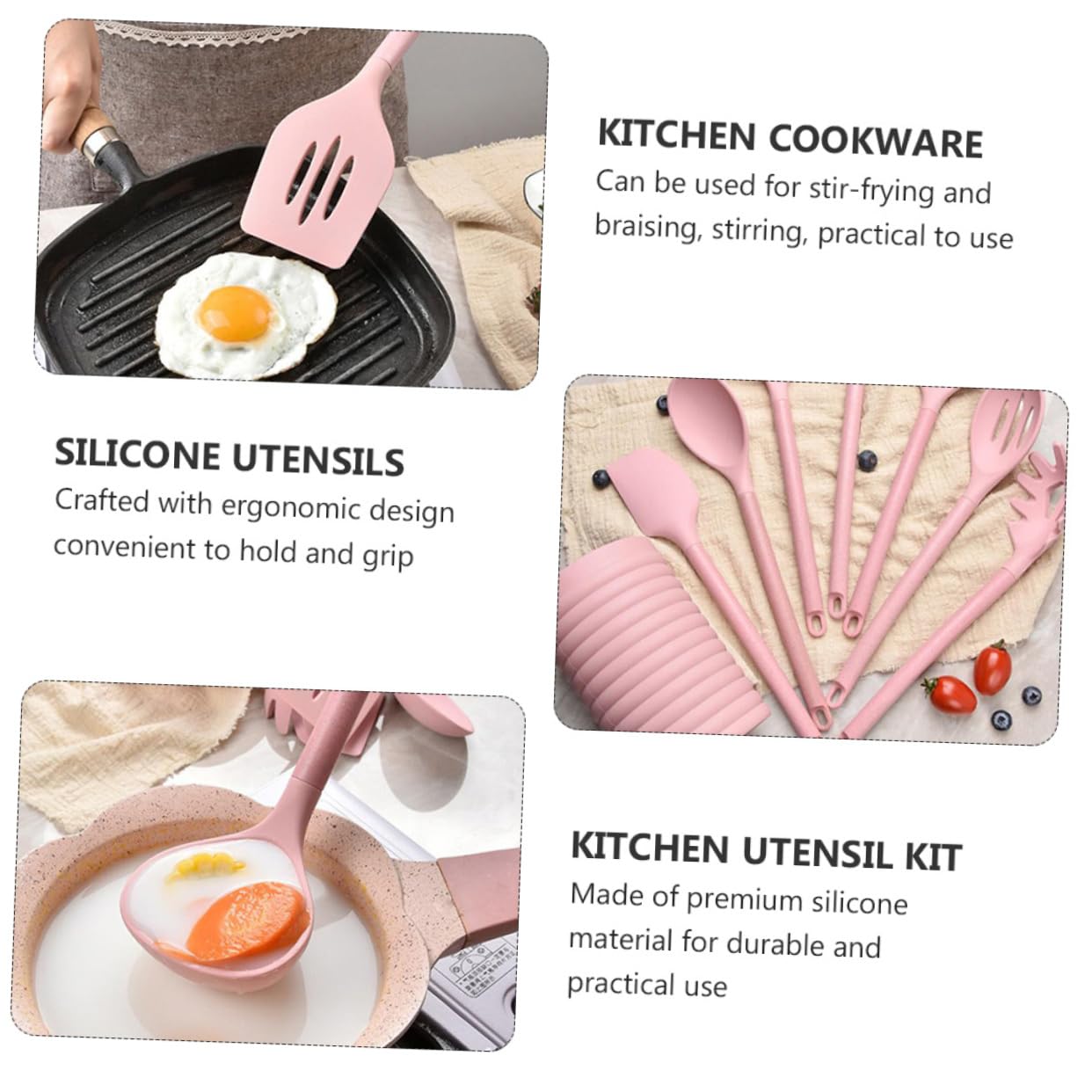 Alipis Ustensiles De Cuisine Silicone Avec Manche Bois Spatule Pelle Passoire Et Cuillère