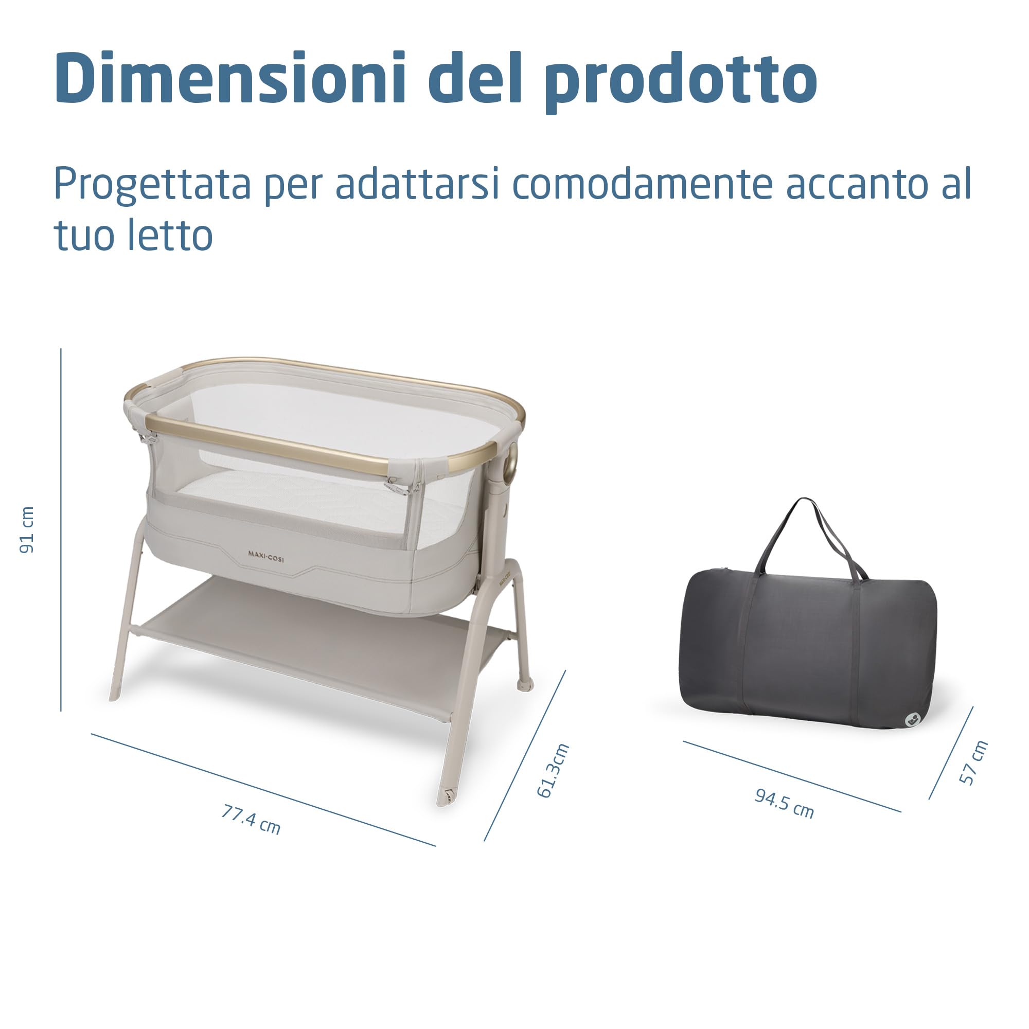 Maxi Cosi Iora² Culla Co-Sleeping, 0–6 Mesi (9 kg), Culla Neonato Fianco Letto Pieghevole e Leggera, Materasso 5 cm CloudCore, 5 Livelli, 2 Ruote Scorrevoli, Funzione Easy Slide, Elegance Beige