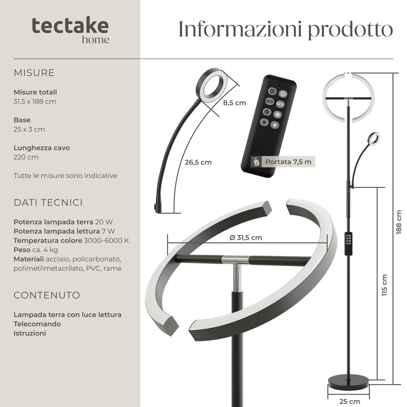 Lampada Piantana da Terra LED 20W 1600Lm Moderna Luce Dimmerabile + Telecomando | Leroy Merlin