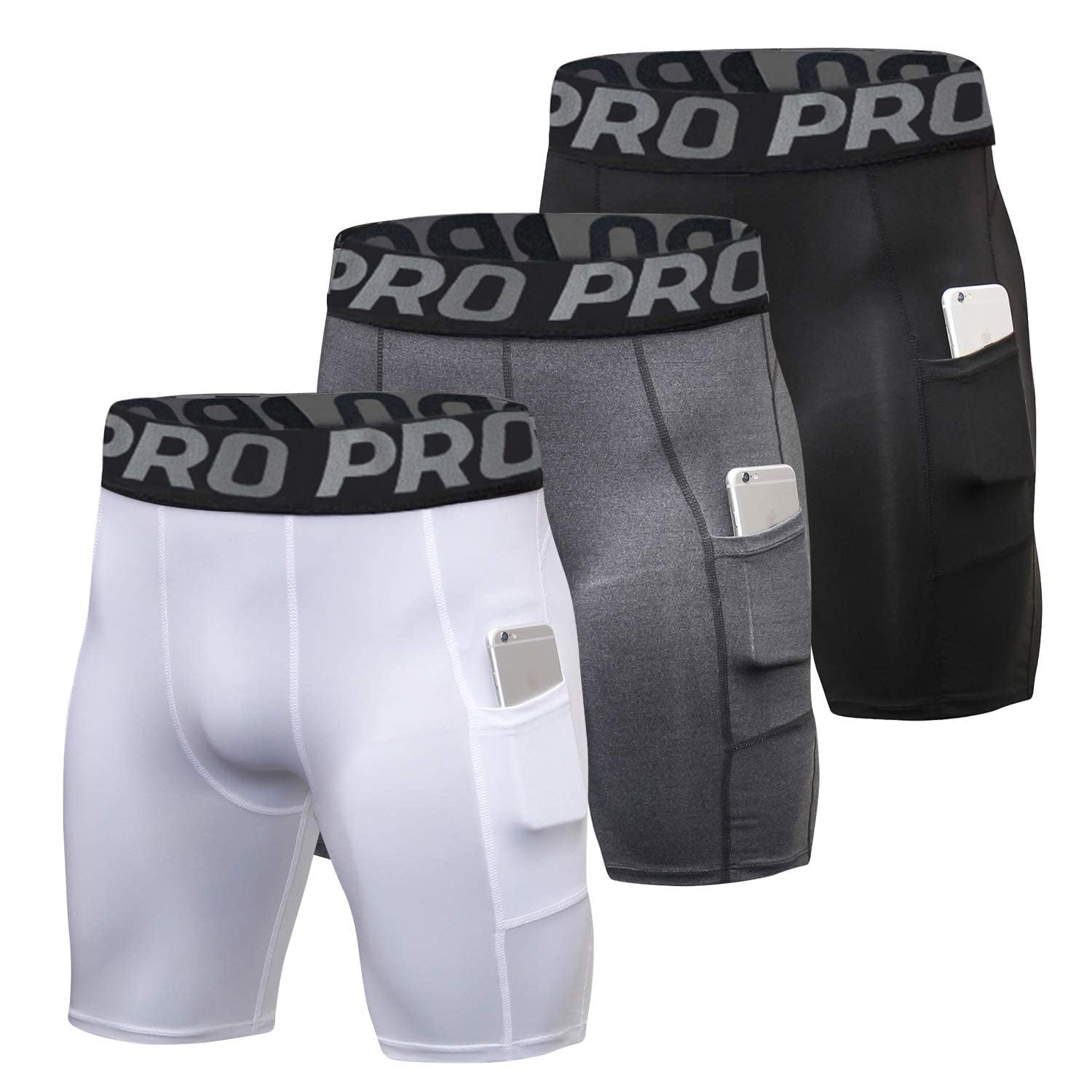 YUSHOW Pantaloncini Compressione Uomo in Confezione da 3 Pantaloncini da Corsa Asciutti Freschi con Tasca per Il Telefono Calzamaglia da Ciclismo per Allenamento Atletico Palestra