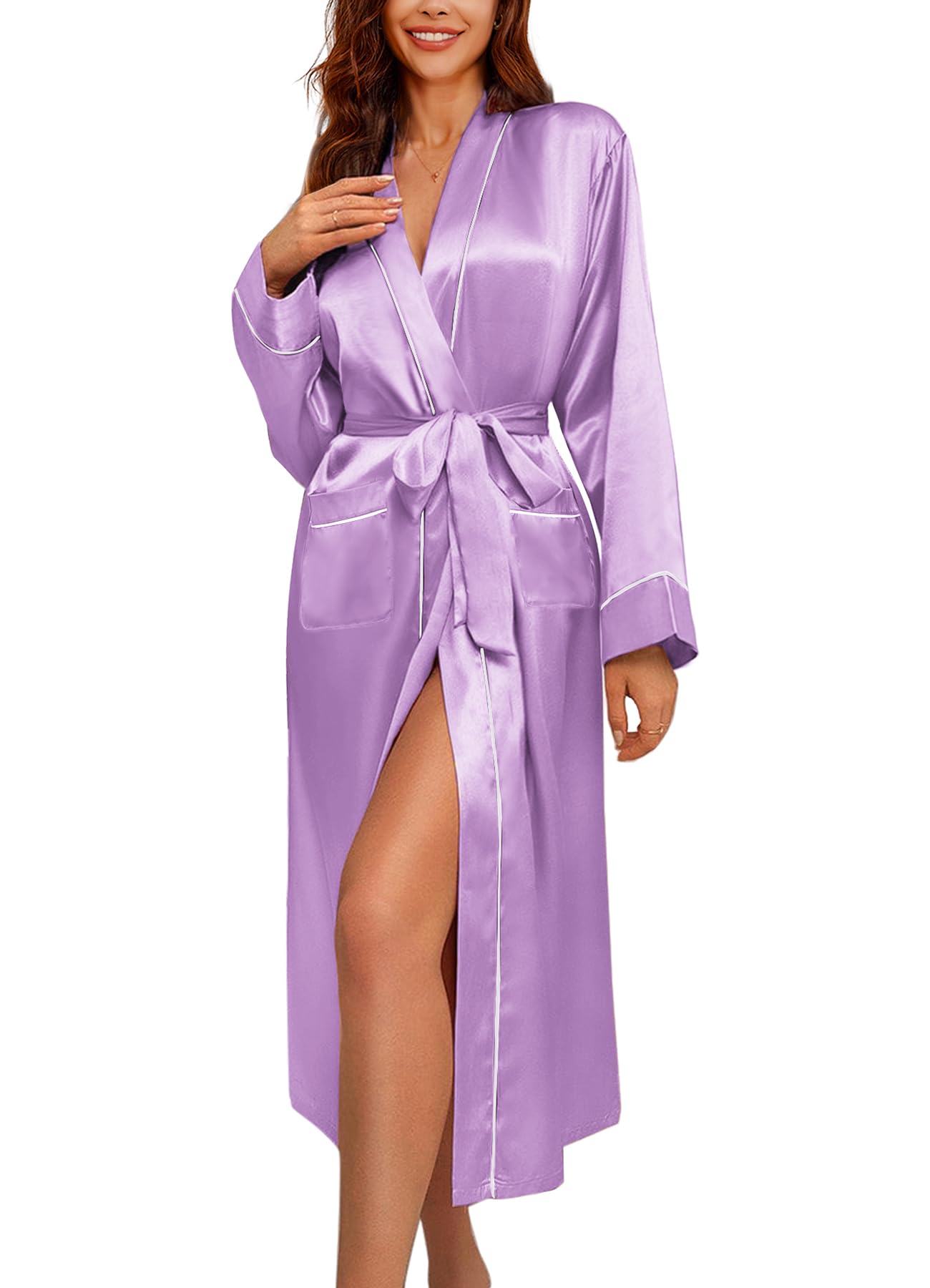 Ekouaer Satin Robes for Women Long Sleeve Silk Bathrobe Soft Lightweight Full Length Sleepwear Bridesmaid Wedding Party Robes