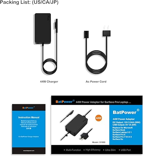 Miniatura 5 de BatPower Cargador de superficie de 15 V 2.58 A de 44 W compatible con Microsoft Surface Pro X 7 6 5 4 3 Go Tablet Surface Laptop 4 3 2 1 Fuente de