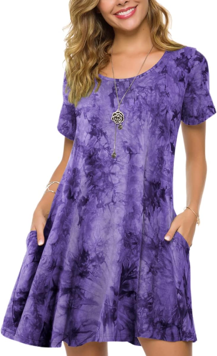 ZENNILO Plus Size Casual T Shirt Dresses for Women Flowy Swing Tunic Dress Pockets B-Purple