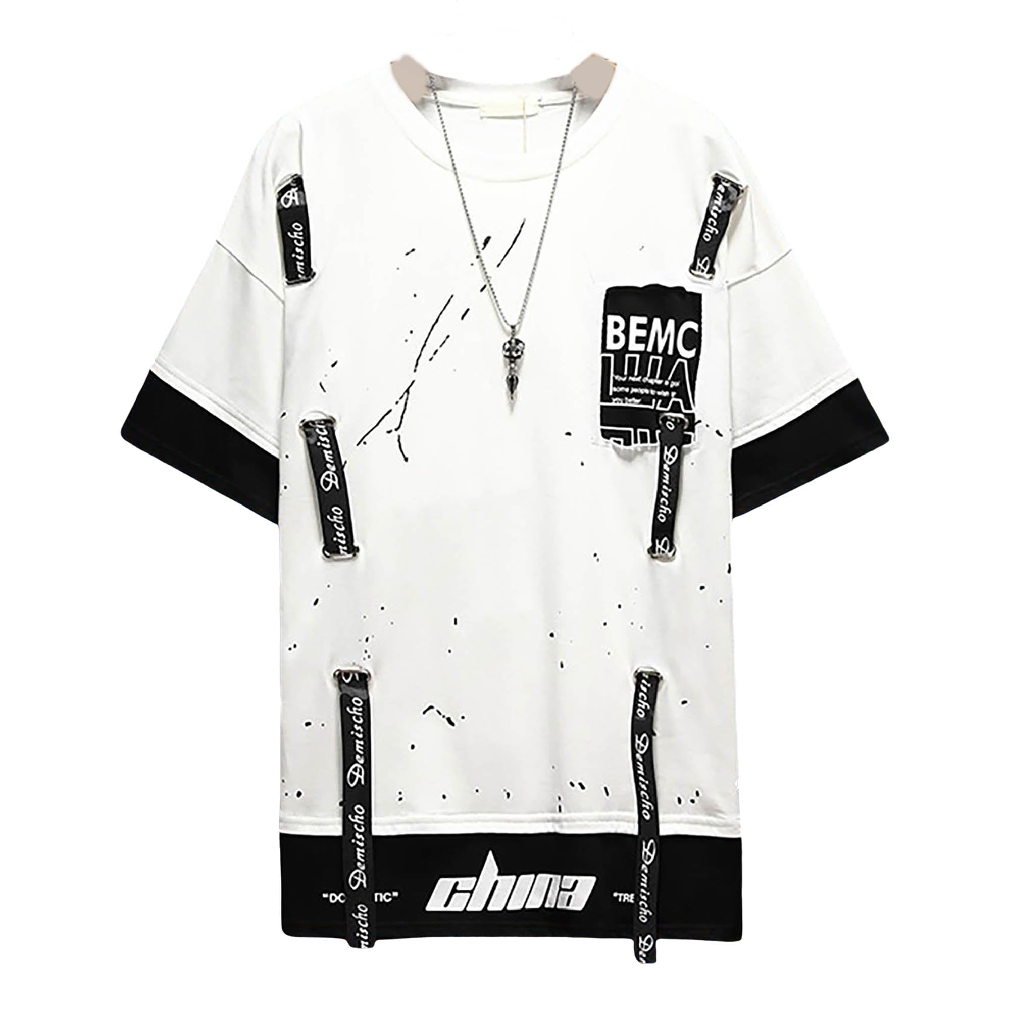 HaiZi XiHuan Men's Summer Fake Two Piece Color Block T-Shirt Japanese Streetwear Hip Hop Shirts Mens Oversized Short Sleeve