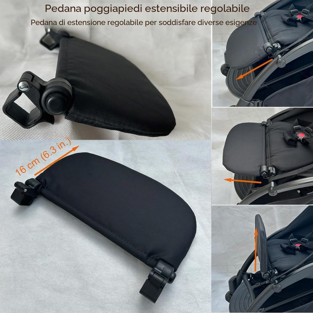 3 pezzi/set di accessori passeggino PU bracciolo in pelle, poggiapiedi e ganci compatibili con passeggini Babyzen YOYO 2 e YOYO+ (nero)