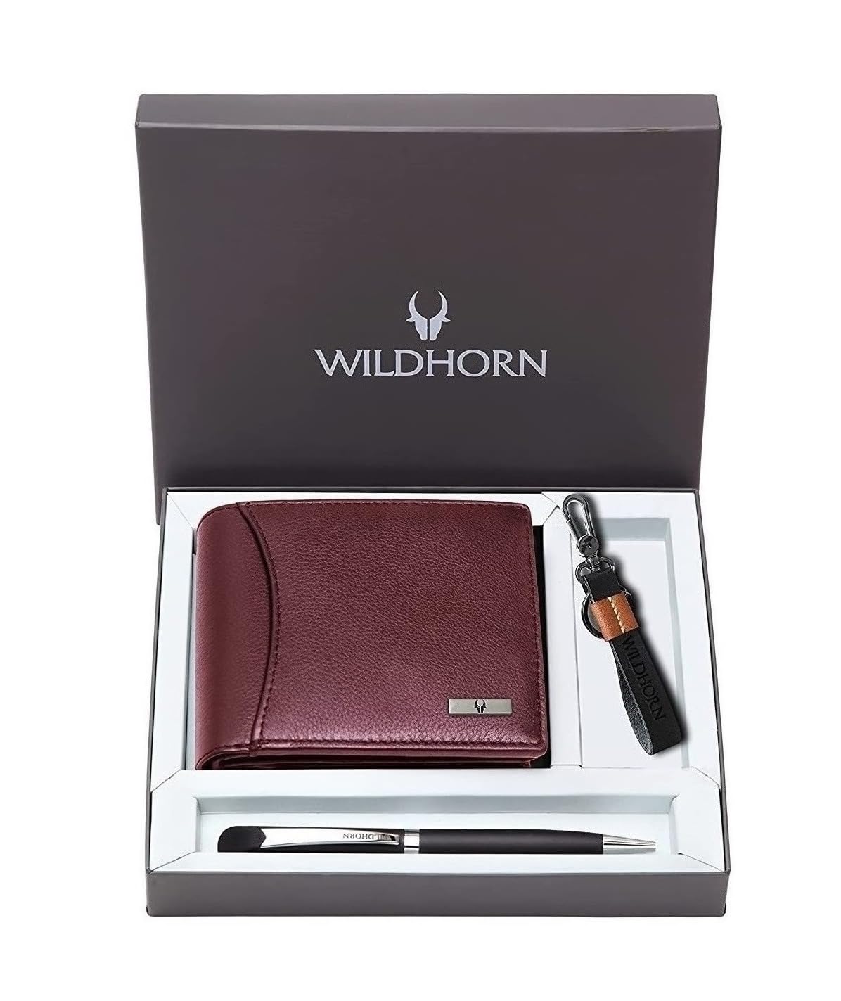 WildHorn Leather Gift Hamper for Men I Modern Leather Wallet, Keychain & Pen Combo Gift Set I Gift for Friend, Boyfriend,Husband,Father, Son Etc (Maroon M), Brown