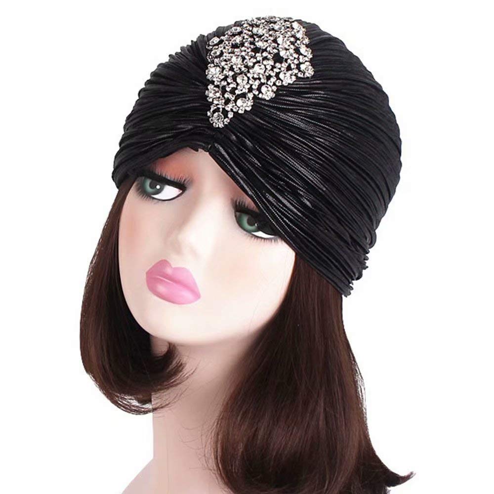YEEBOM Women's Rhinestones Ruffle Turban Hat Glitter Twist Pleated Hair Wrap Stretch Turban Black