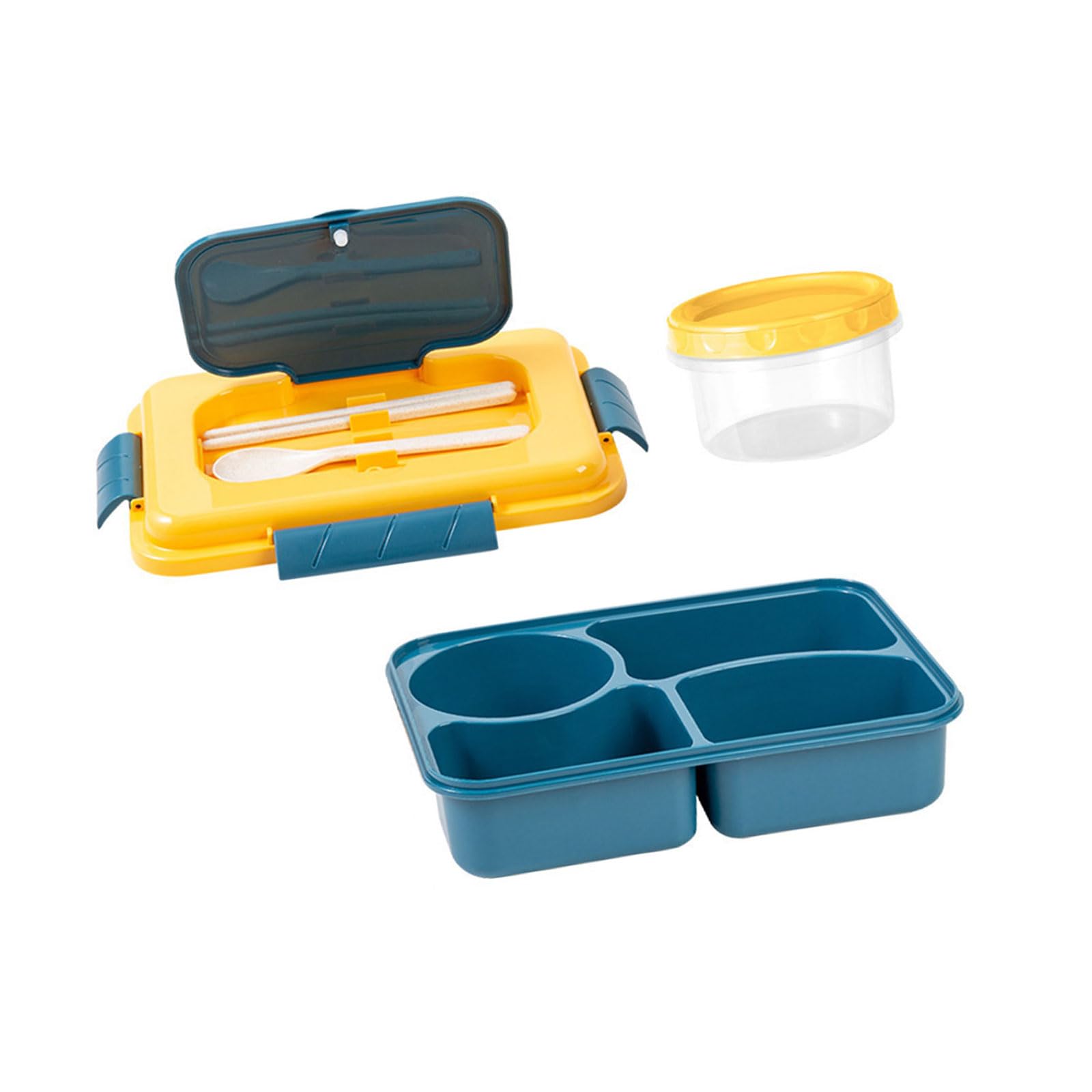 Qusinfc Blue And Yellow Quar Stackable Meal Preparation Container With Divided Sections Soup Bowl Cutlery Set Microwaveable Lunch Box For Travel Multi Compartment Bentos Box With Soup Bowl
