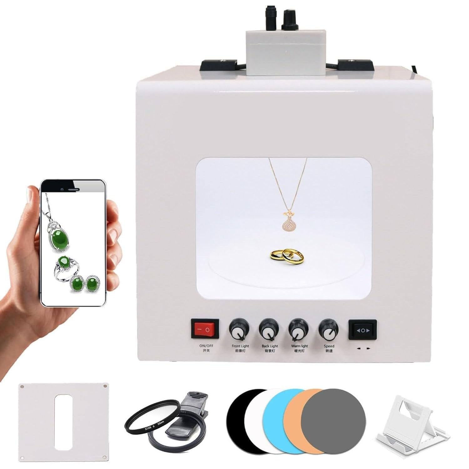 Light Box Fotografia Gioielli,Piatto Girevole Elettrico 360° Portatile T30 | Illuminazione Dimmerabile 3000-5500k,Soft Box Pieghevole,Ideale per Anelli,Collane E Pietre Preziose