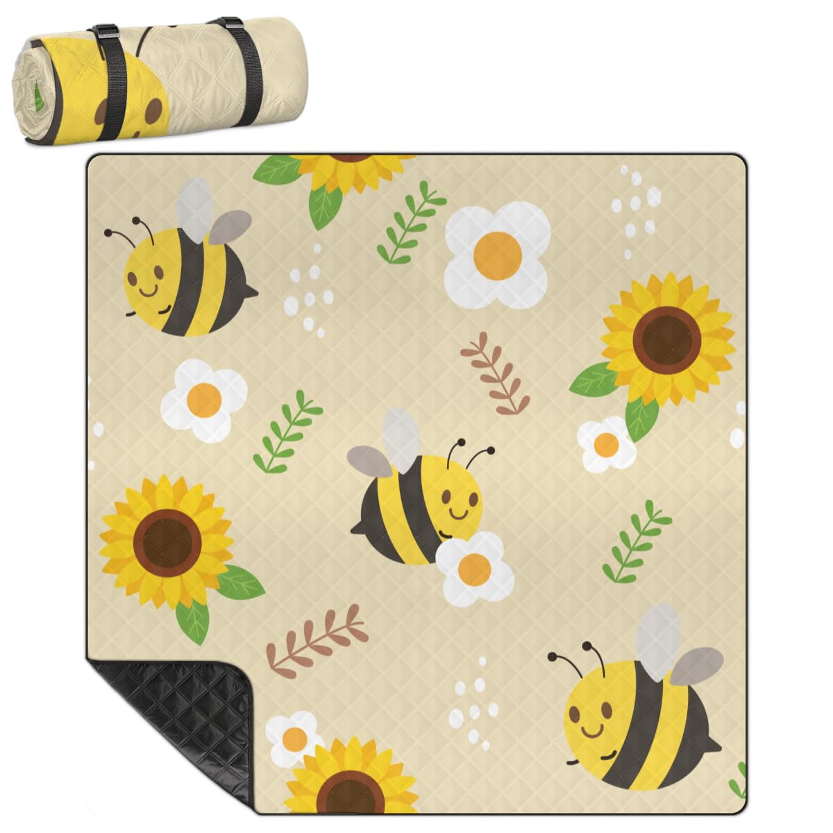 Shimoshe Extra Large Picnic Blankets 79”x 79”, Flower Bee Waterproof Foldable Picnic Mat with Straps Portable Beach Blanket for Camping Park Grass Beach Indoor