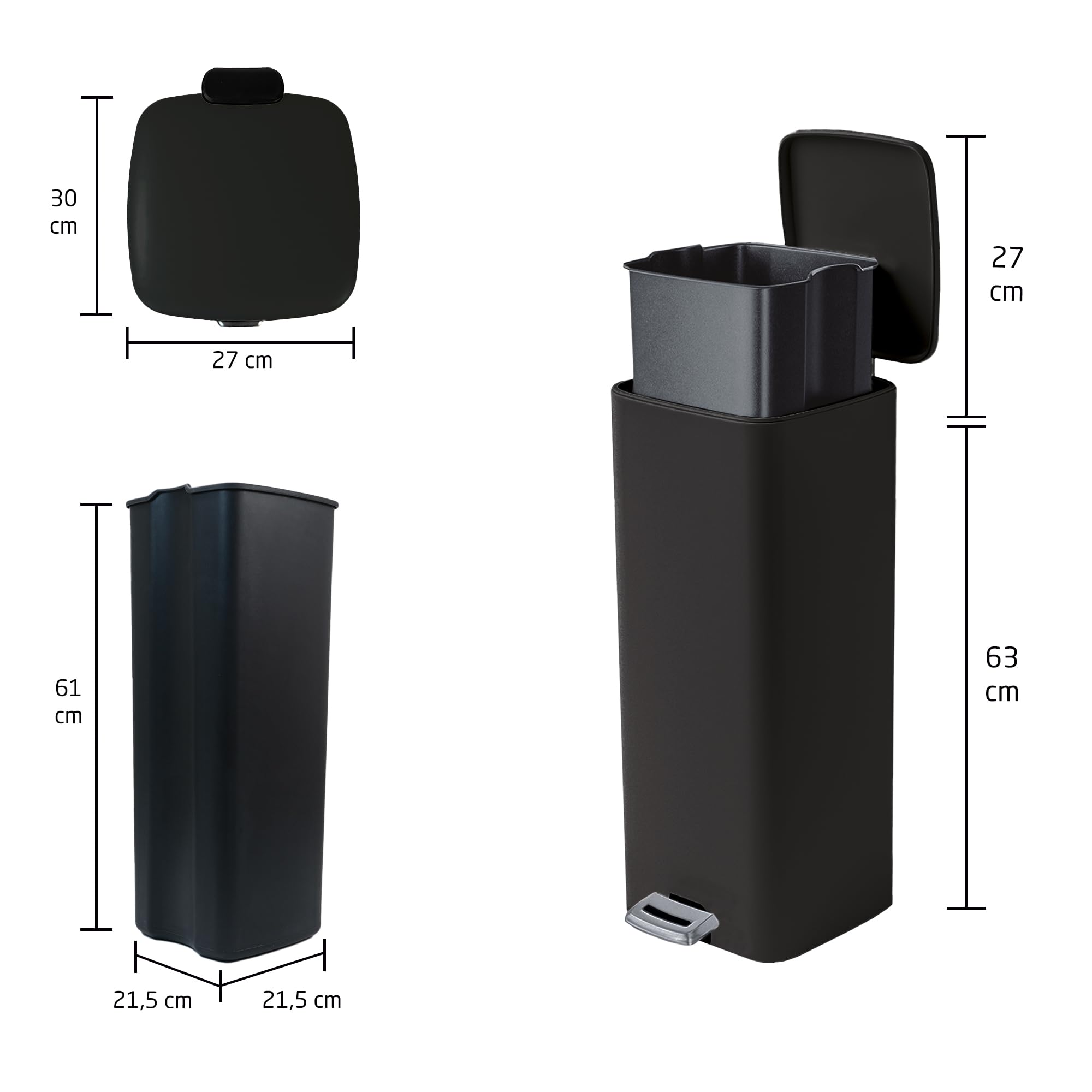 Amig - Cubo de Basura con Pedal 30 Litros Mod. Artvin - Color Negro - Apertura higiénica sin manos - 27 x 36 x 65 cm - Acero inoxidable lacado - Papelera para cocina con Tapa Hermética