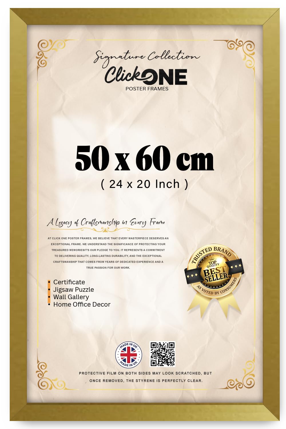 Click One Rectangle Poster Frame 50 X 60 CM 24 X 20 Inch Gold Finish MDF Engineered Wood For Wall Gallery And Living Room Hang Portrait Or Landscape With Mounting Hardware And Protective Sheet