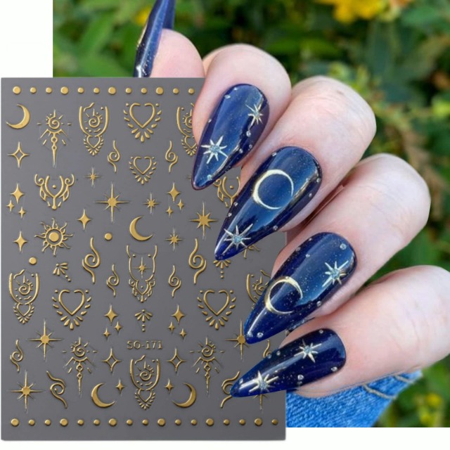 Kryzalite Mond-Stern-Nagelaufkleber Set – 8 Bögen, 3D Selbstklebend, Gold & Silber, Für DIY-Nageldesign