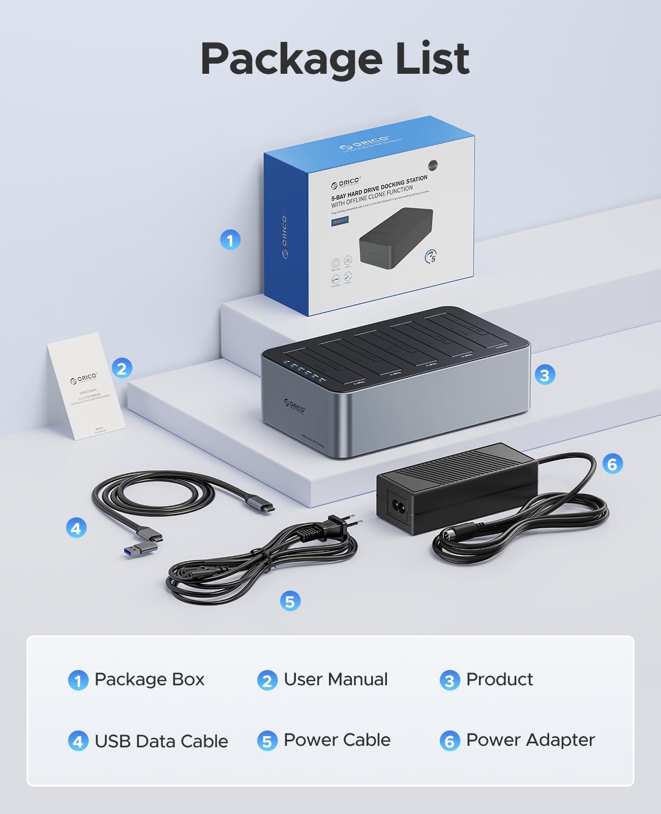 ORICO Clon 6656C3-C - Estación de acoplamiento USB 3.2 Gen 1 para discos duros (5 bahías, 2,5/3,5 pulgadas, SSD/HDD hasta 20 TB, clonación fuera de línea, fuente de 12V)