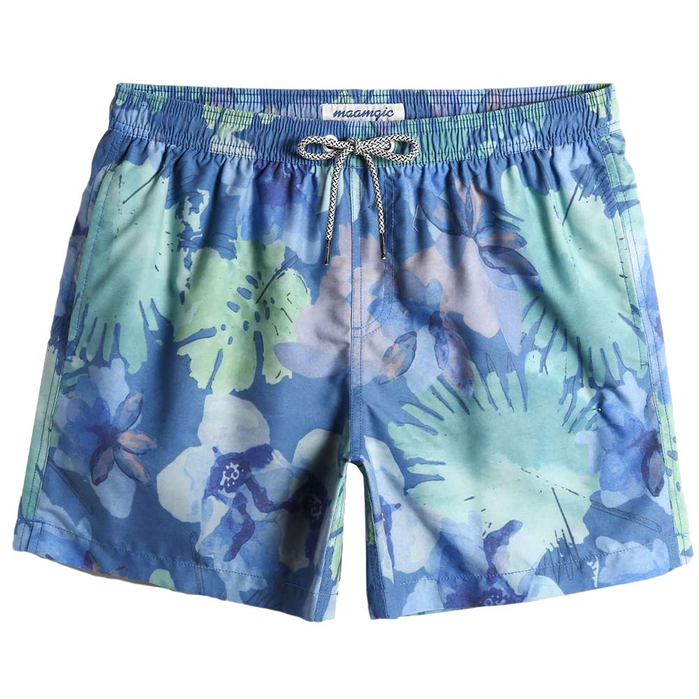 maamgic Mens Swim Trunks 5" Quick Dry Beach Shorts Bathing Suits with Mesh Lining Pockets Floral InkBlue Large