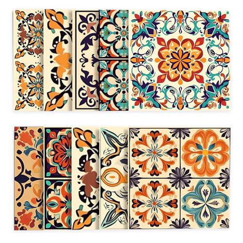10 PCS 7.8'x7.8' Vintage Mexican Tile Stickers – Colorful Peel and Stick Wall Decals for Kitchen Backsplash, Self-Adhesive Waterproof Decor for Walls and Room Accents