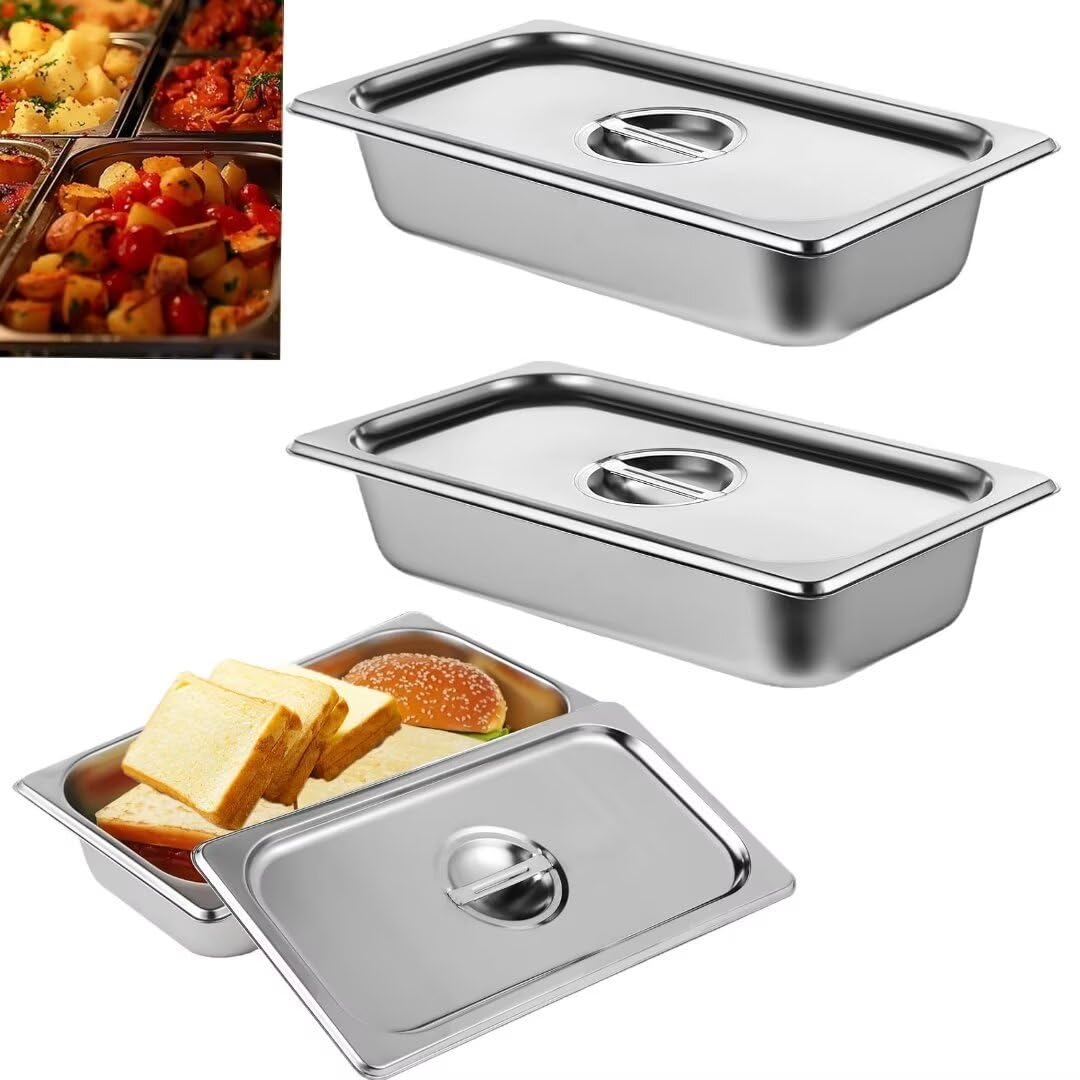 3 recipientes de acero inoxidable 1/3 con tapa, 65 mm de altura, recipiente para alimentos apto para alimentos, recipientes gastronorm de acero inoxidable, resistentes al calor, 32,6 x 17,8 x 6,5cm