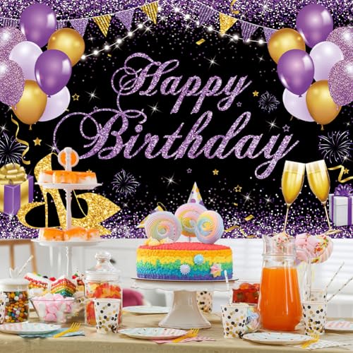 Image of Happy Birthday Banner - Birthday Decorations for Women Girls Purple Birthday Party Banners Welcome Happy Birthday Background Sign for Theme Party Decorations Indoor Outdoor