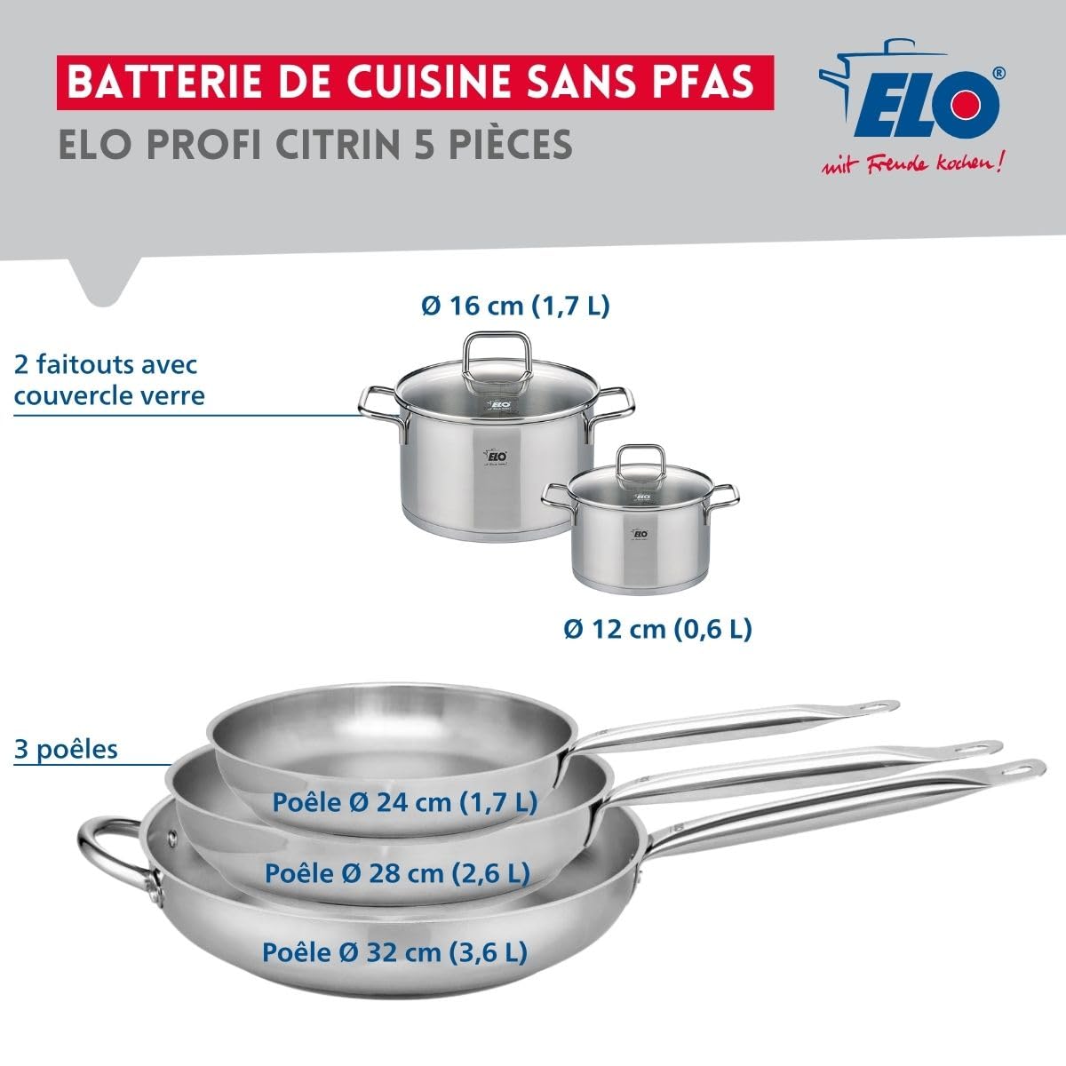 Elo Batterie de cuisine 3 poêles 24/28/32 cm et 2 faitouts 12/16 cm