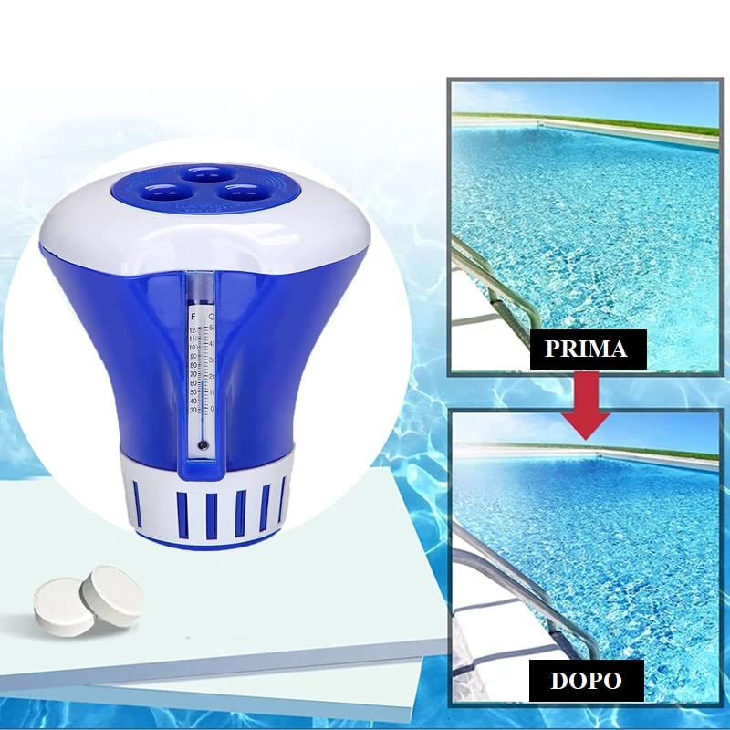 Virsus 5Kg Cloro 4 azioni a Pastiglie + DOSATORE GALLEGGIANTE per acque piscina, 25 Pastiglie da 200 gr a lenta dissoluzione per disinfezione dell’acqua, Clorante, Alghicida, Stabilizzante del pH