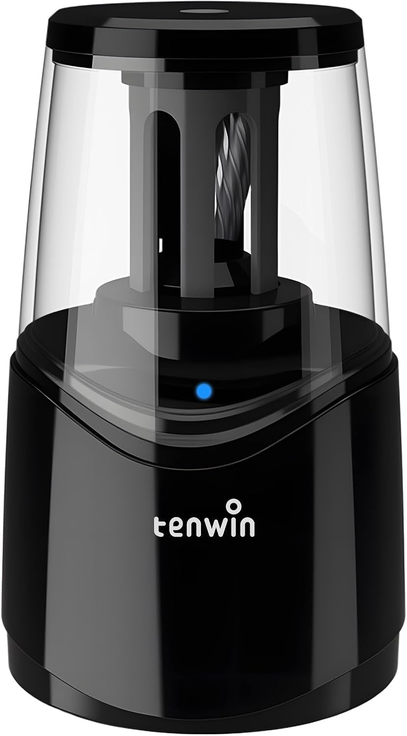 tenwin Rechargeable Pencil Sharpener for No.2 & Colored 6-8mm Pencils, Heavy Duty Electric Pencil Sharpener, Durable Helical Blade for Fast Sharpen, Home/School/Art Studio (Black)