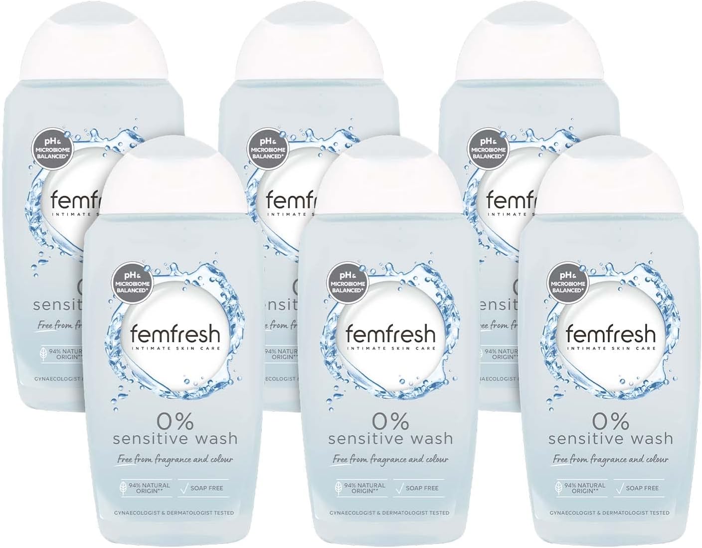 0% Sensitive Intimate Wash, Fragrance Free Vegan pH Balanced Feminine Wash for Sensitive Skin with Lotus Flower Extract, Pack of 6 x 250 ml