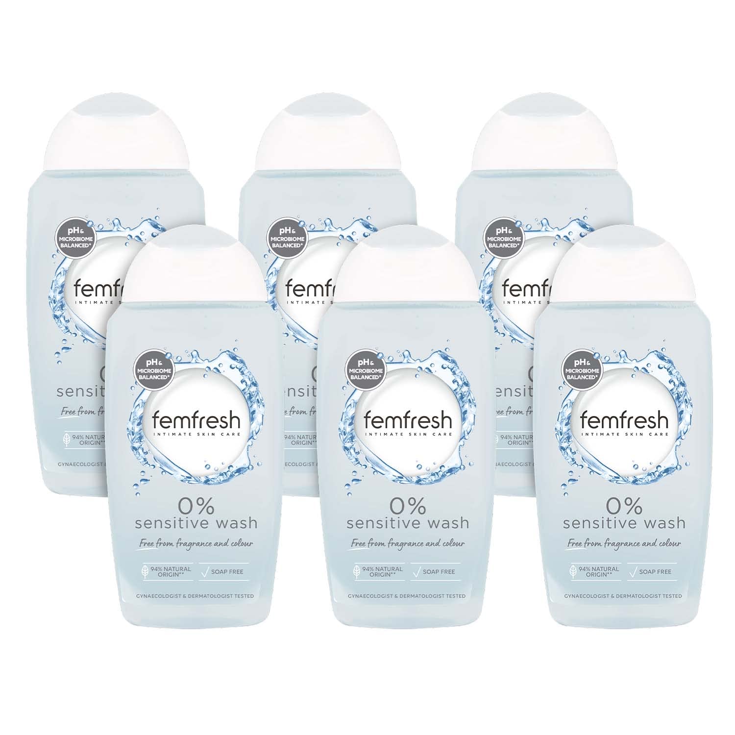 Femfresh Sensitive Intimate Wash, Vegan pH Balanced Intimate Cleansing Shower Gel - Pack of 6 x 250 ml