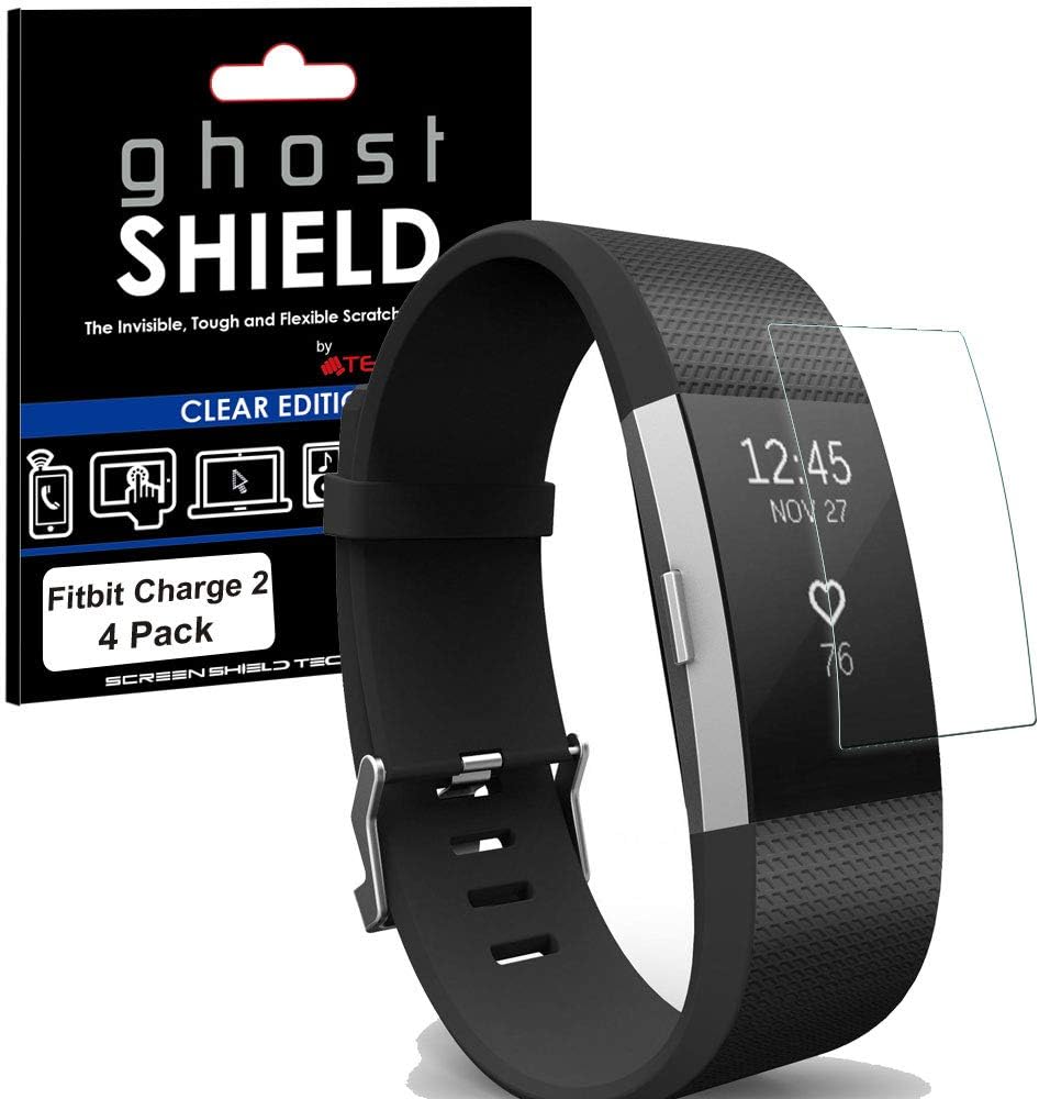 TECHGEAR [4 Pack] Screen Protectors to fit Fitbit Charge 2 [ghostSHIELD Edition] Genuine Reinforced Flexible TPU Screen Protector Guard Covers Full Screen Coverage inc Curved Screen