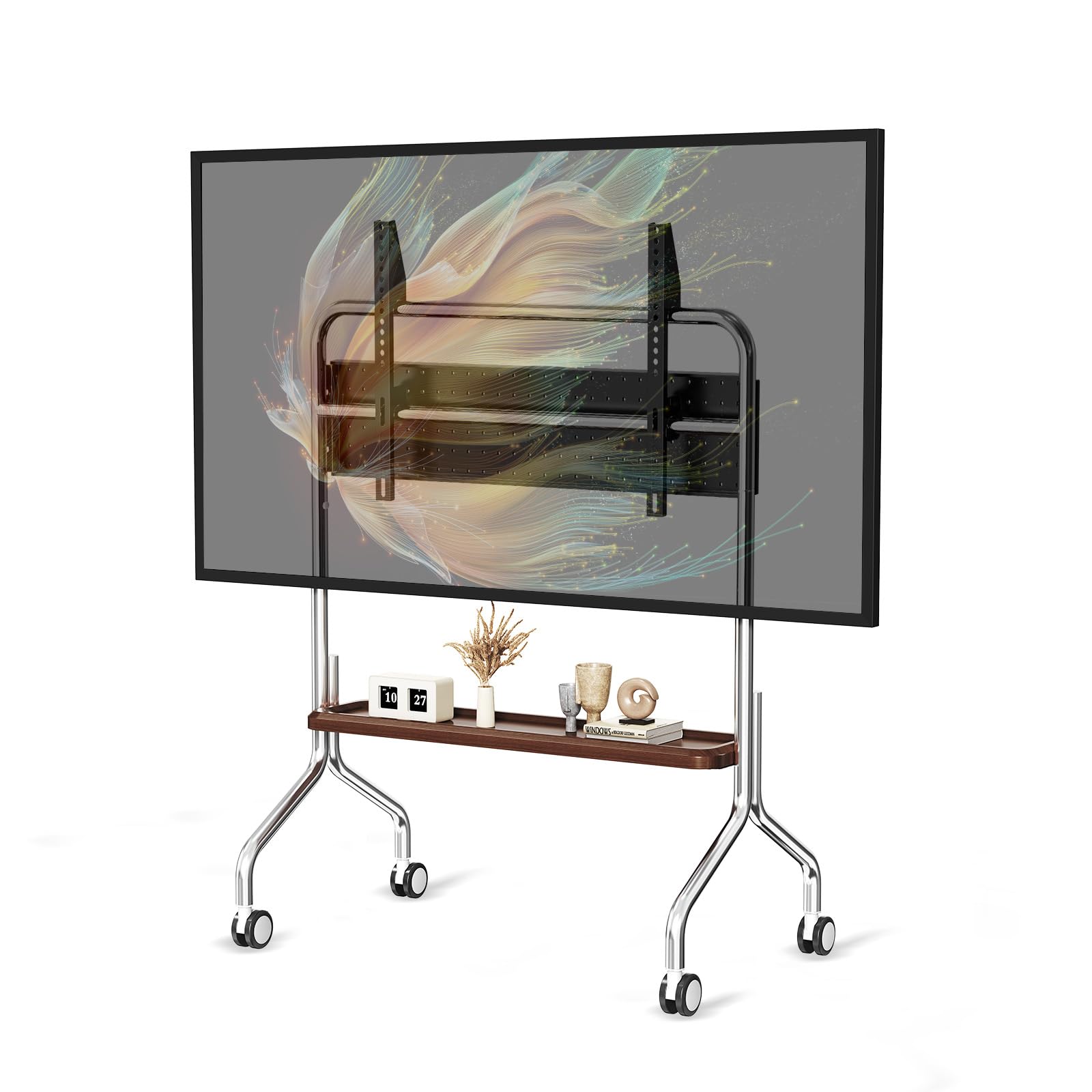 Soporte TV Ruedas para Televisión de 32 a 75 Pulgadas, hasta 50 kg | Con Estante, Tablero Perforado, Giro 360°, Diseño en acero inoxidable, Gestión de Cable, Máx.VESA 600x400mm