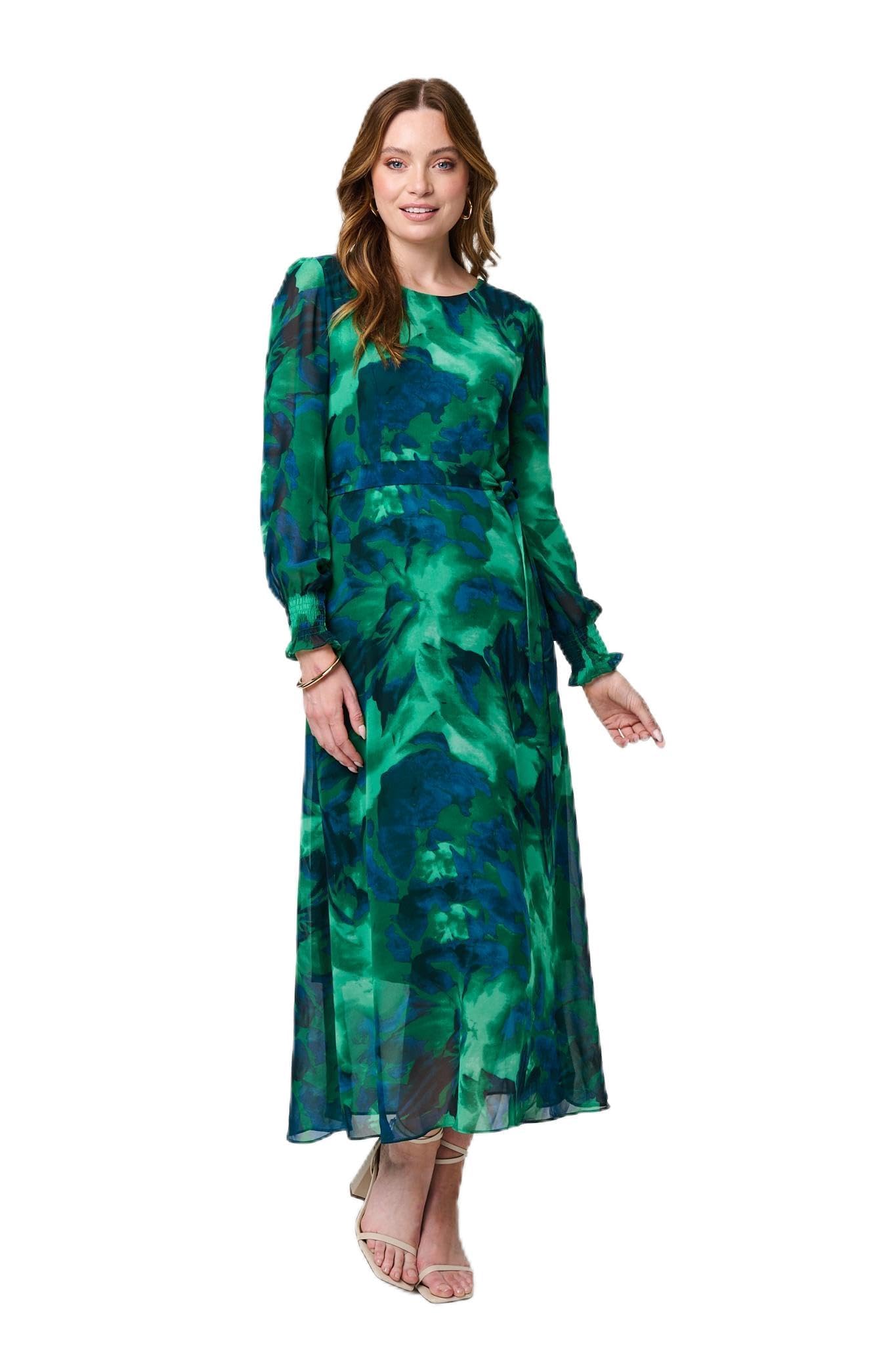 Izabel London Women's Green Printed Long Sleeve Chiffon Midi Dress In | Size: 18
