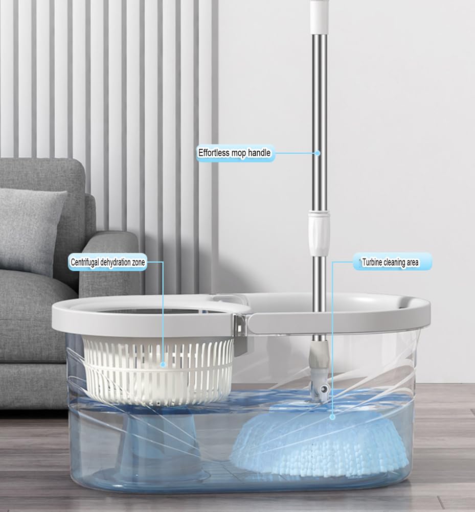 Juego de fregona y Cubo giratorios para el hogar, fregona giratoria de 360° y Cesta escurridora Interior Desmontable, 2 recambios de Cabezal de Microfibra para