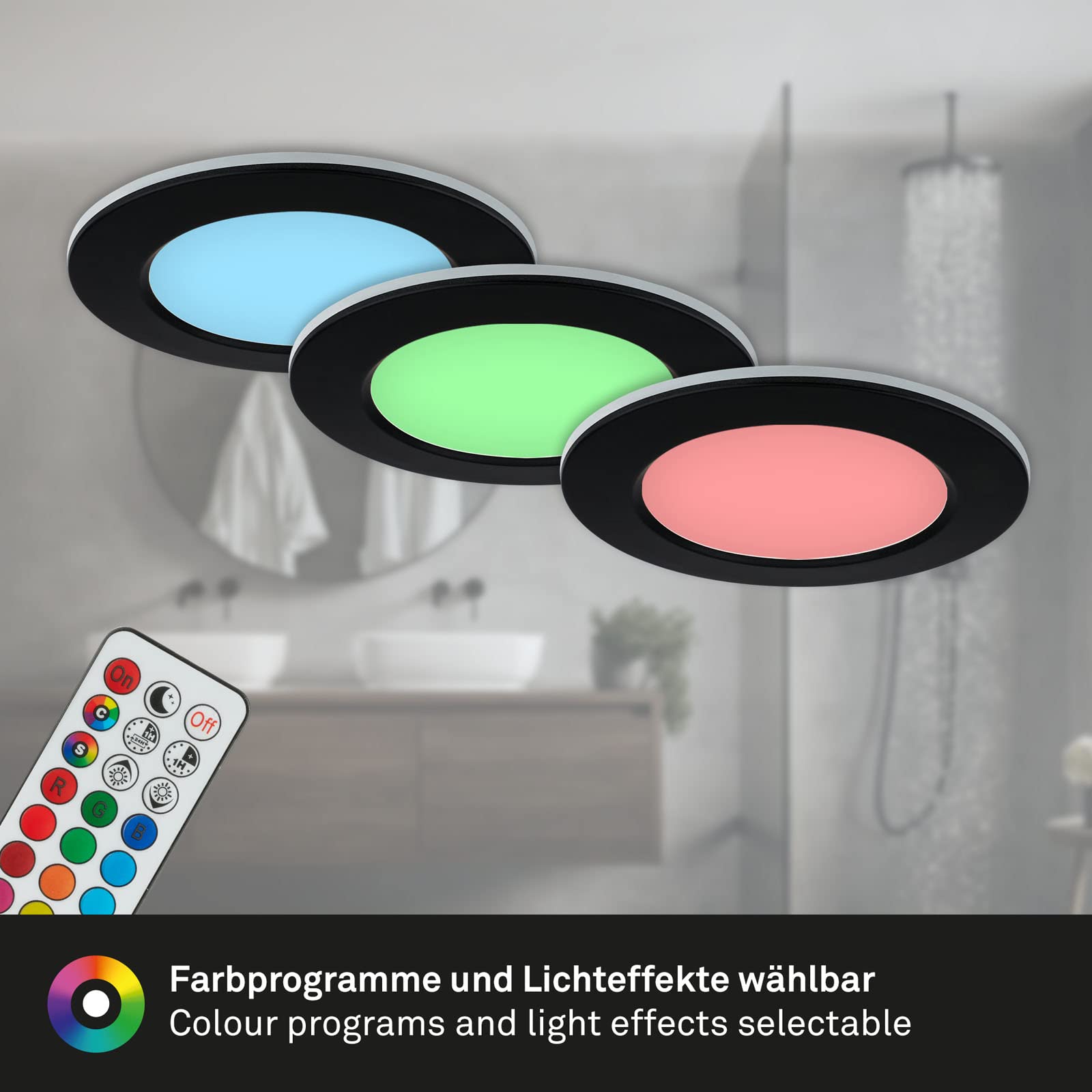 BRILONER - Set di 3 luci da incasso LED a soffitto, luci da incasso RGB CCT, faretto da incasso LED per bagno, faretto da incasso per bagno IP65, nero, 92x45 mm (DxH)