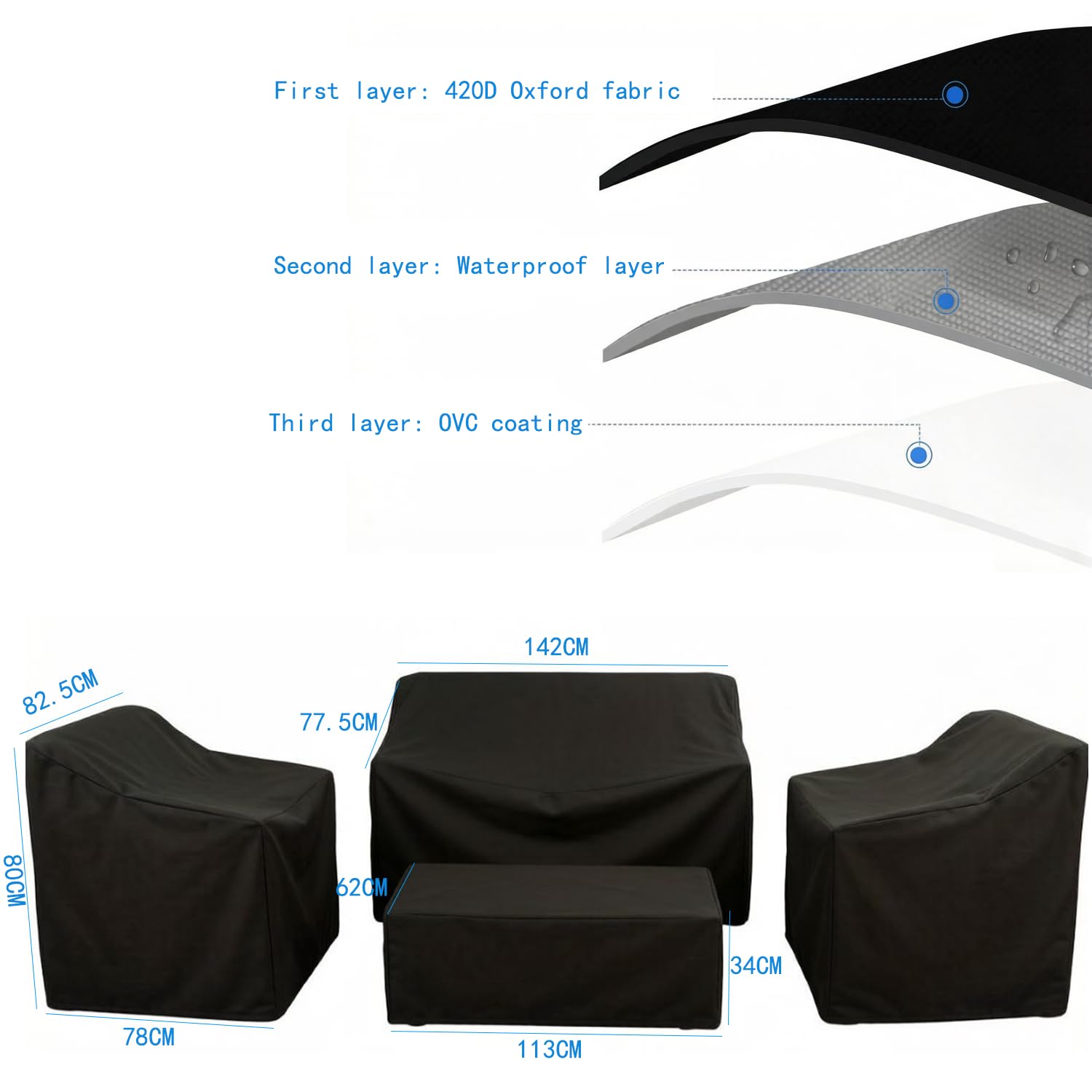 Copertura Mobili da Esterno in Tessuto Oxford 420D Impermeabile 4 Pezzi Nero Anti-UV