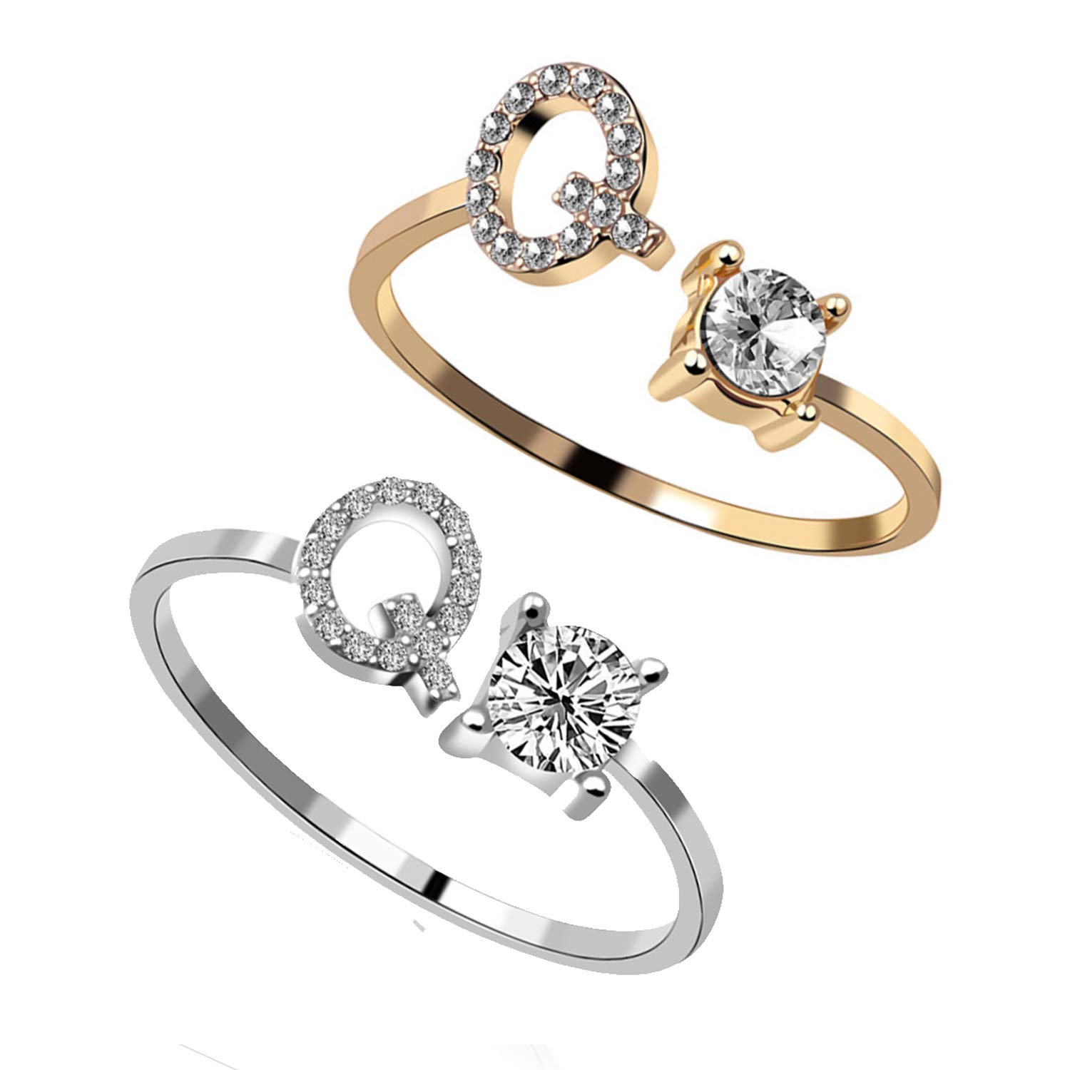 RINHOO2PC/Set Initial Letter Alphabet Knuckle Rings A-Z Silver and Gold Crystal Adjustable Finger Ring for Women Girl Jewelry, crystal