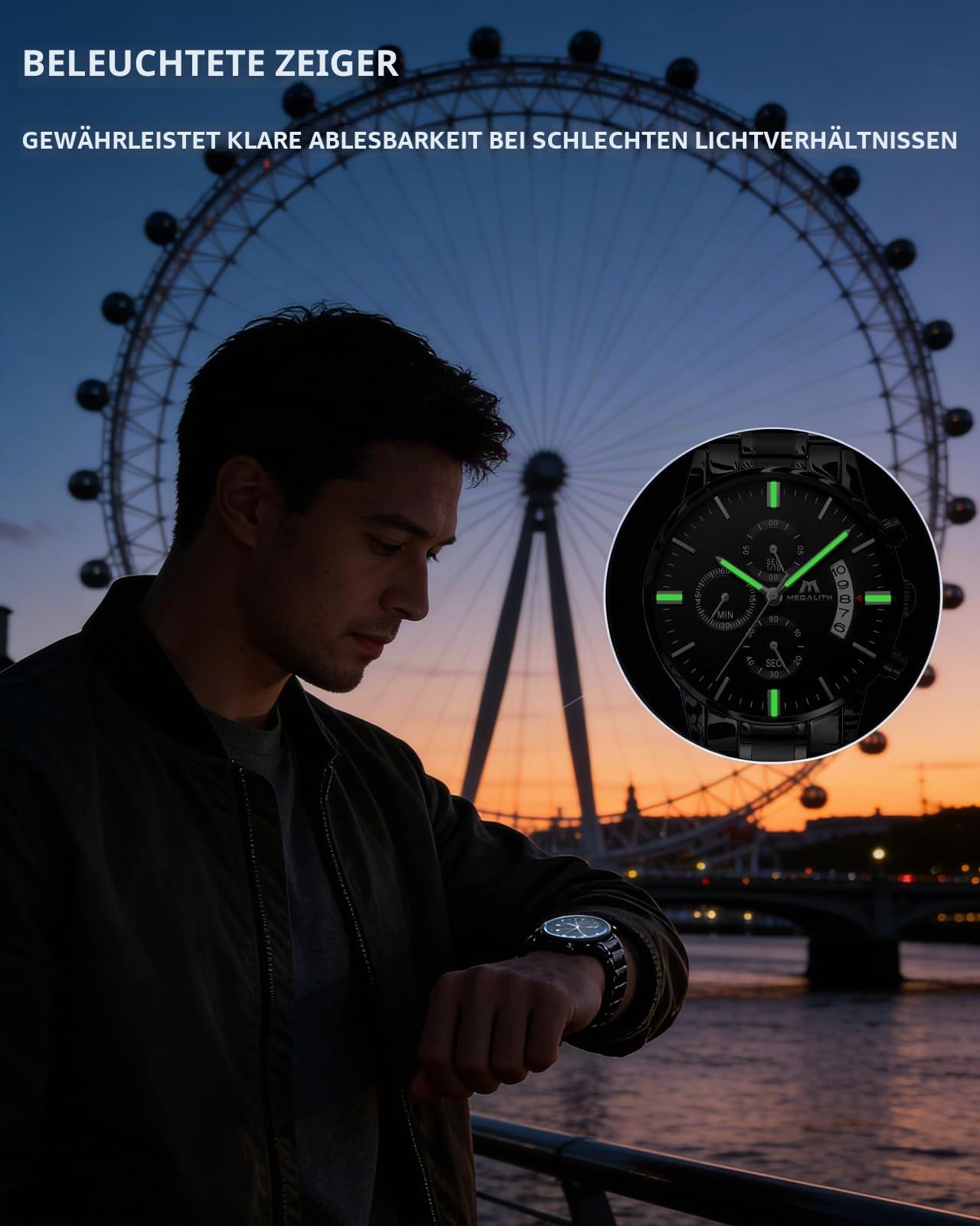 MEGALITH Herrenuhr Edelstahl Chronographen Armbanduhr: Großes Ziffernblatt Uhren Herren Wasserdicht Leuchtende Datum für Arbeit und Freizeit - Stylisch Geschenk für Männer
