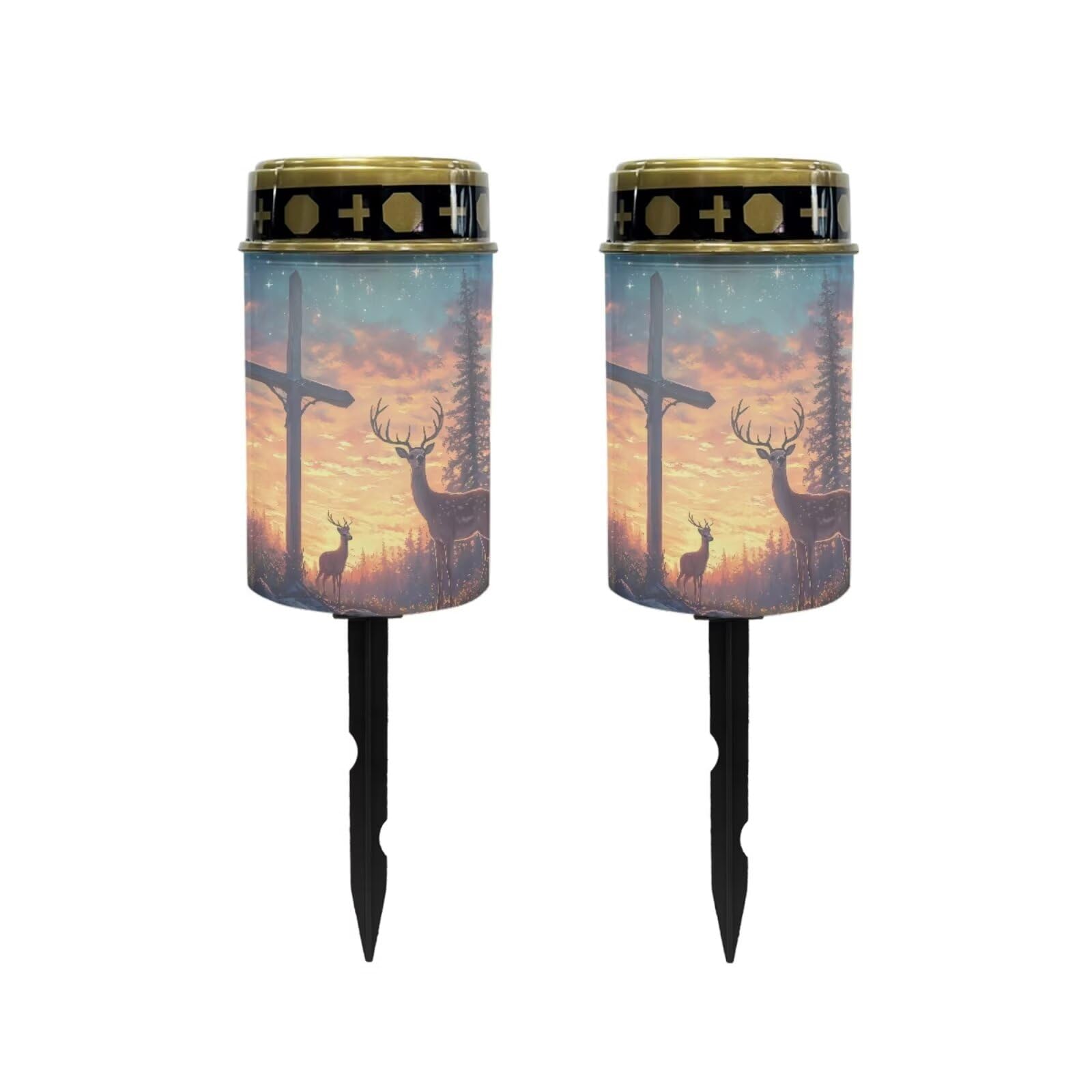 Poceacles 2 PCS Cross Solar Lights Cemetery Solar Lights for Grave Solar Candle Solar Lantern Light Walkway Lights Waterproof Landscape Lighting for Loss of Loved One, Deer Cross Galaxy Star