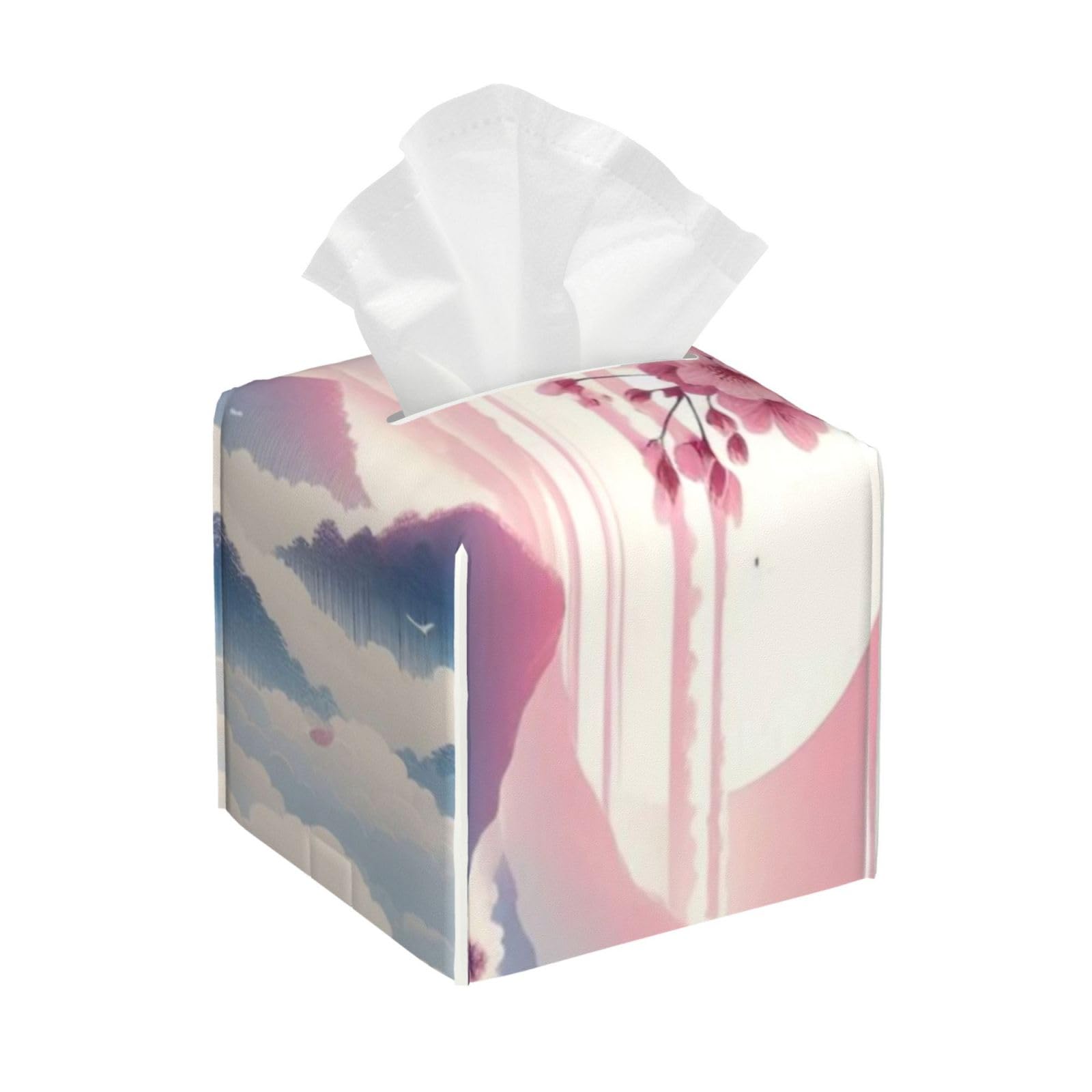 Fuji Cherry Blossom Tissue Box Cover 5" Square Leather Tissue Holder Facial Tissue Case for Tabletop Bedroom Bathroom Desk Decor