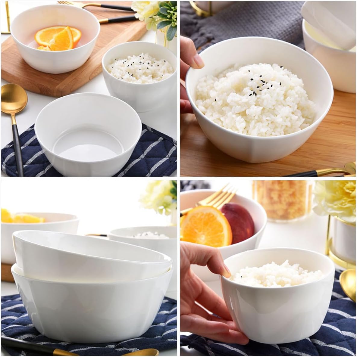 2pcs 4.5-inch Square Bone China Rice Bowls Set, Classic White Porcelain Soup and Congee Serving Bowls for Home Kitchen Use