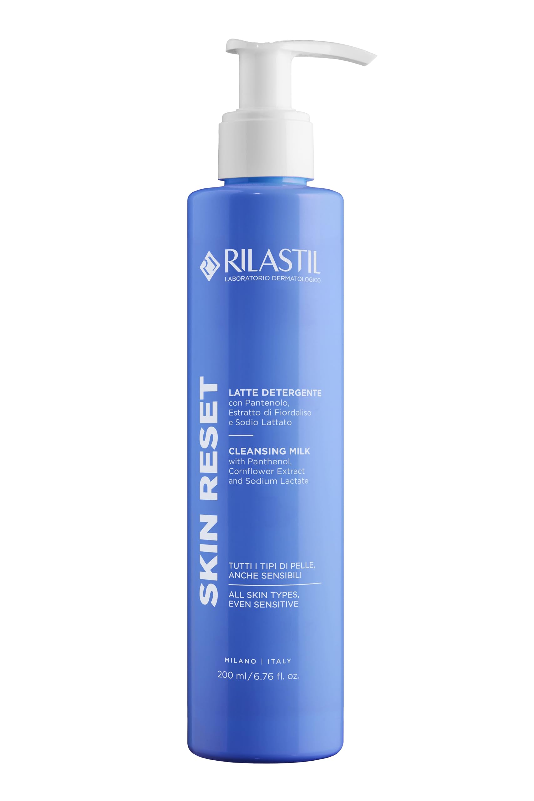 Rilastil Skin Reset Latte Detergente, Detersione Delicata Idratante e Lenitiva, con Pantenolo, Estratto di Fiordaliso e Sodio Lattato, 200 ml