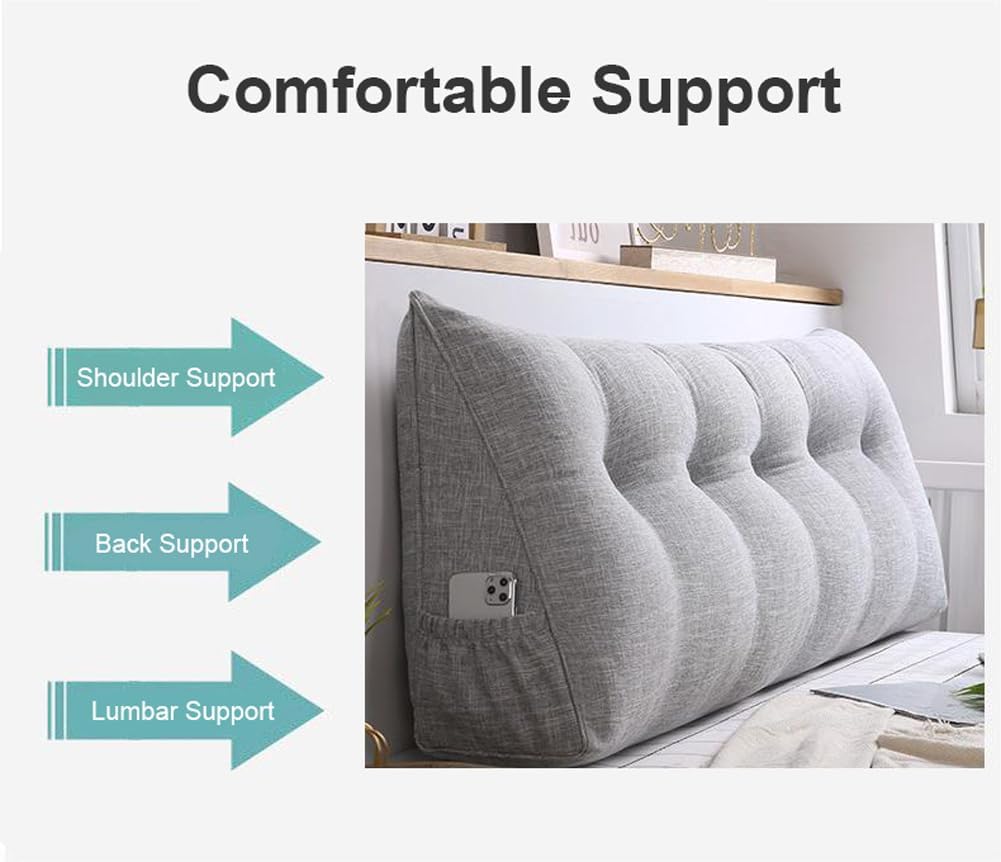 Headboard Wedge Pillow for Single/Twin/Queen/King Bed,Large Cotton Linen Reading Pillow Bolster Triangular Pillow for Sitting in Bed,Wedge Pillow with Removable Cover (Khaki,59x20x8inch)