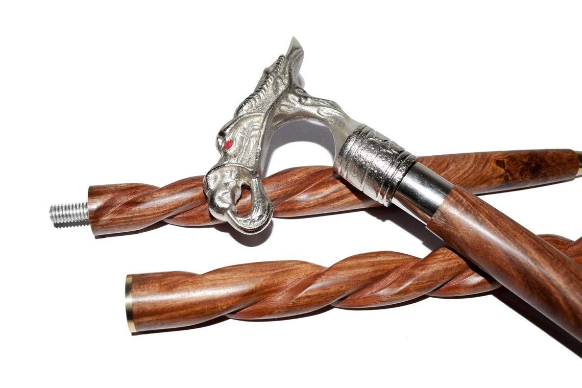 Designer Dragon Silver Handle Cane Walking Stick 3 Fold