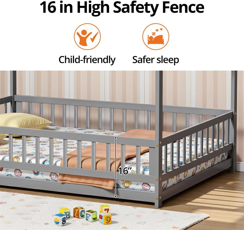 LLS Full Size Floor Bed Frame with Roof, Wooden Montessori Bed with Fence, House Bed for Boys Girls Bedroom, Gray