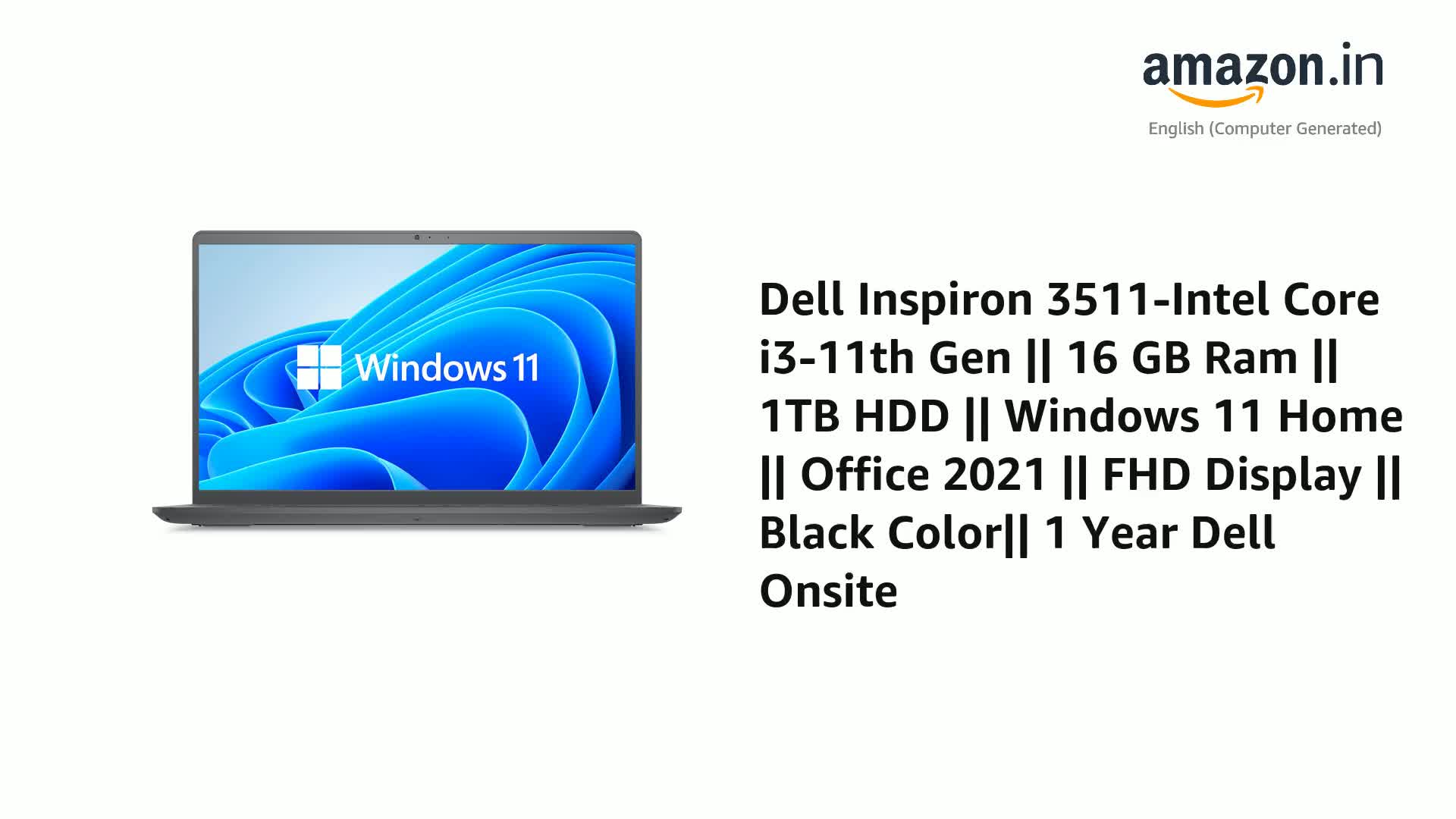 Dell Inspiron 3511-Intel Core i3-11th Gen | 16 GB Ram | 1TB HDD