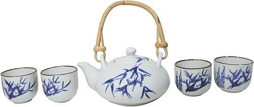 Miniatura 8 de Ebros Gift Juego de té de porcelana japonesa azul y blanco con diseño de hojas y ramas de bambú japonés de 11 onzas y 4 tazas de 2 onzas con mango
